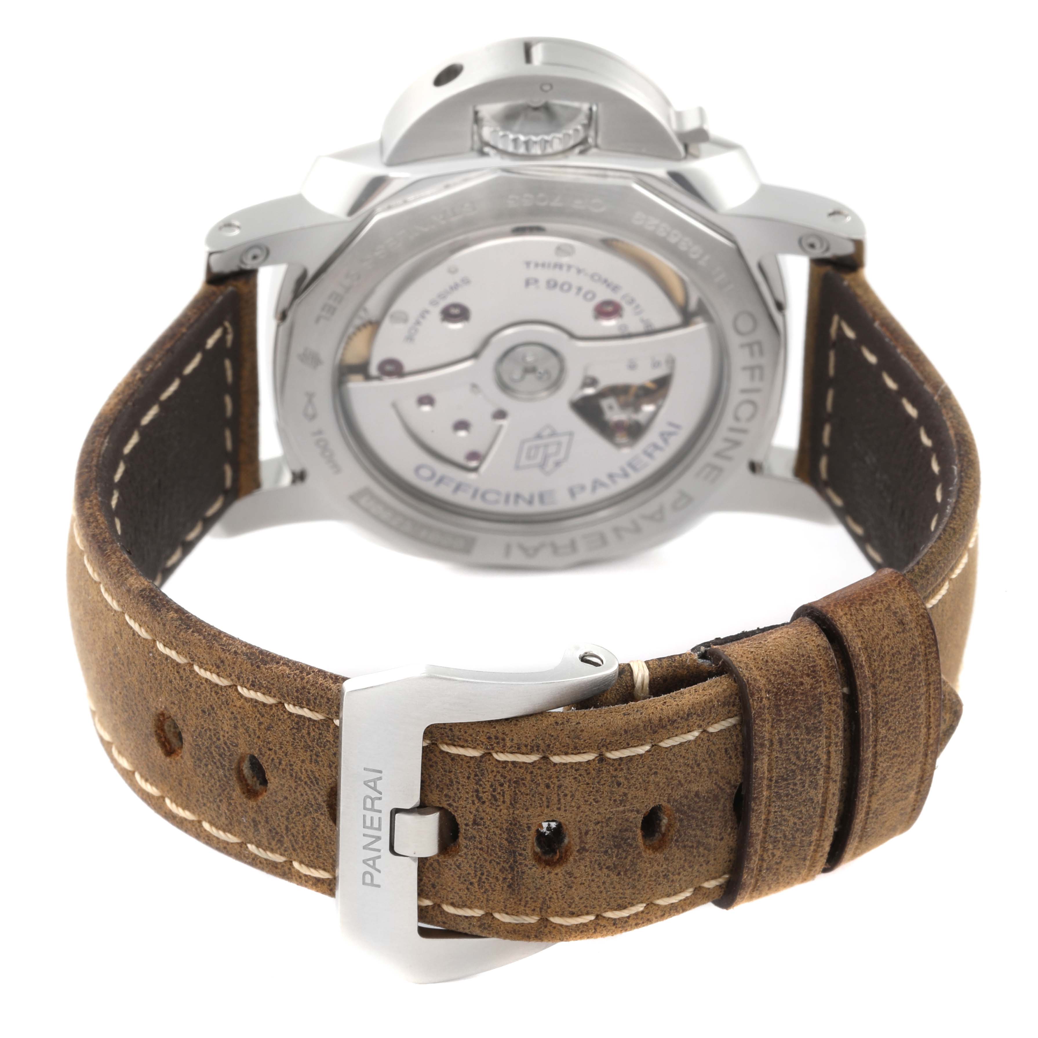 This image shows the back view of a Panerai Luminor PAM01523 Men's Stainless Steel White Dial PAM01523 Men's Stainless Steel White Dial watch, highlighting its case back and brown leather strap with stitching.