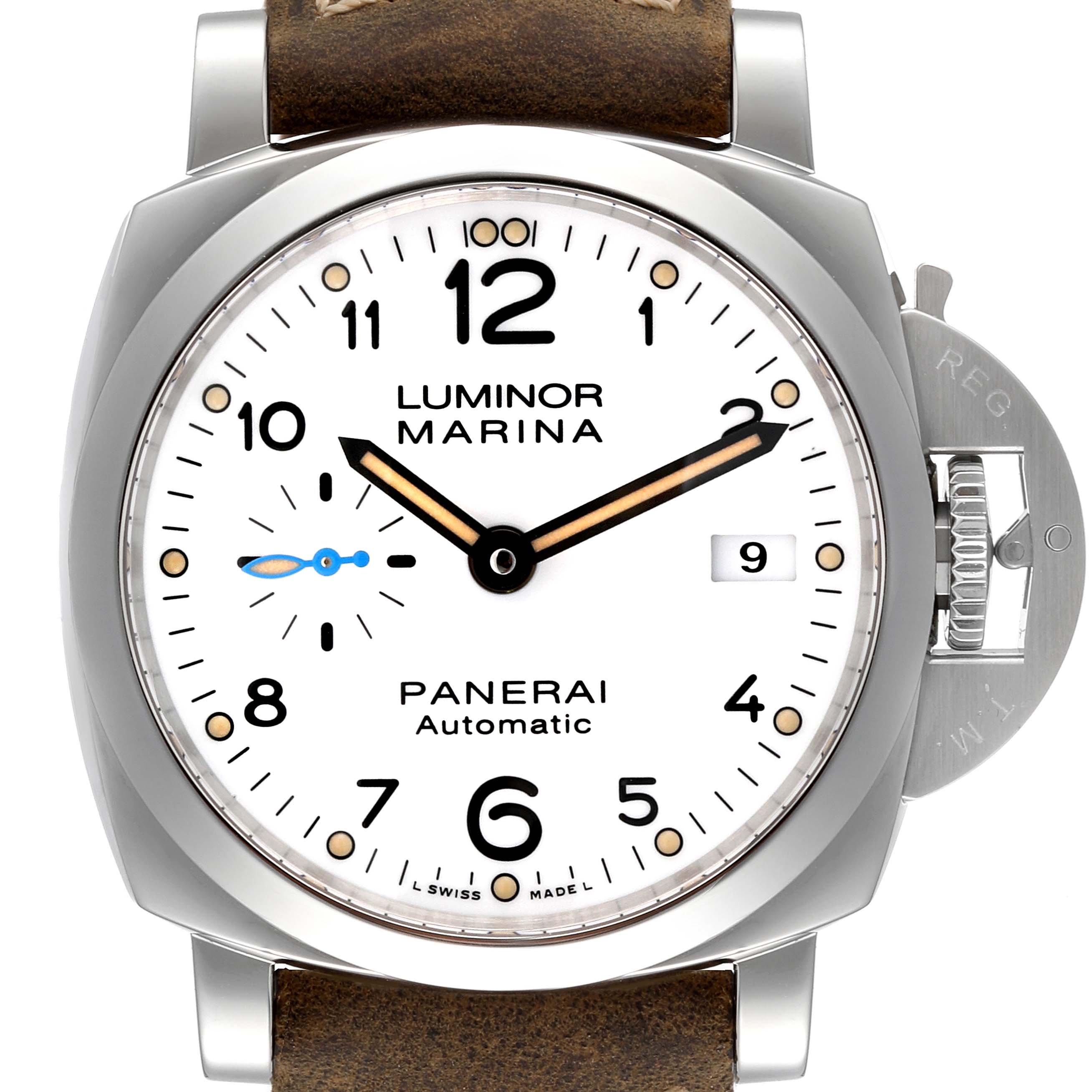 The image shows the front angle of the Panerai Luminor PAM01523 Men's Stainless Steel White Dial PAM01523 Men's Stainless Steel White Dial watch, displaying the dial, hour, minute, and second hands, date window, and crown.