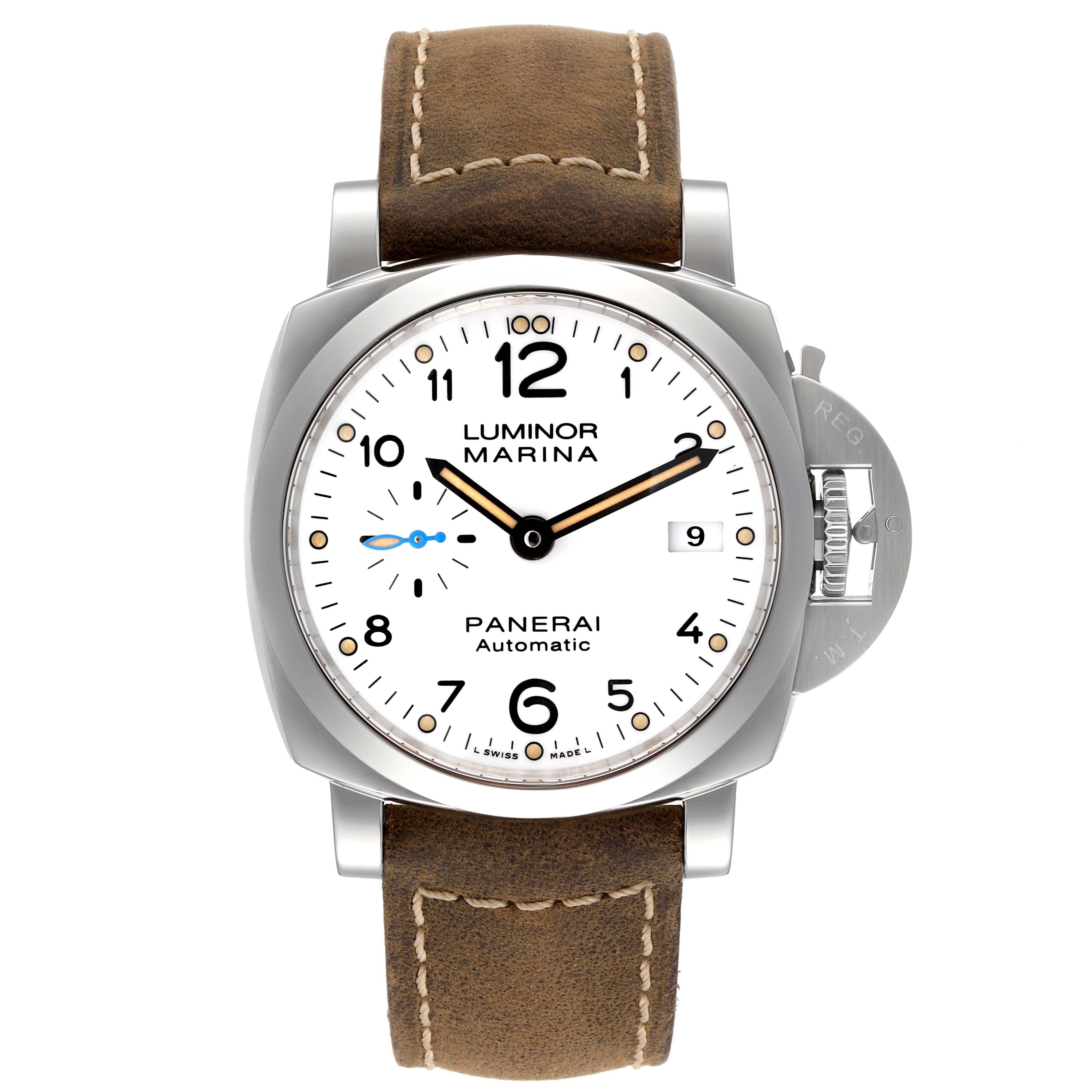 This image shows a front view of a Panerai Luminor PAM01523 Men's Stainless Steel White Dial PAM01523 Men's Stainless Steel White Dial Marina watch, displaying the dial, case, and leather strap.