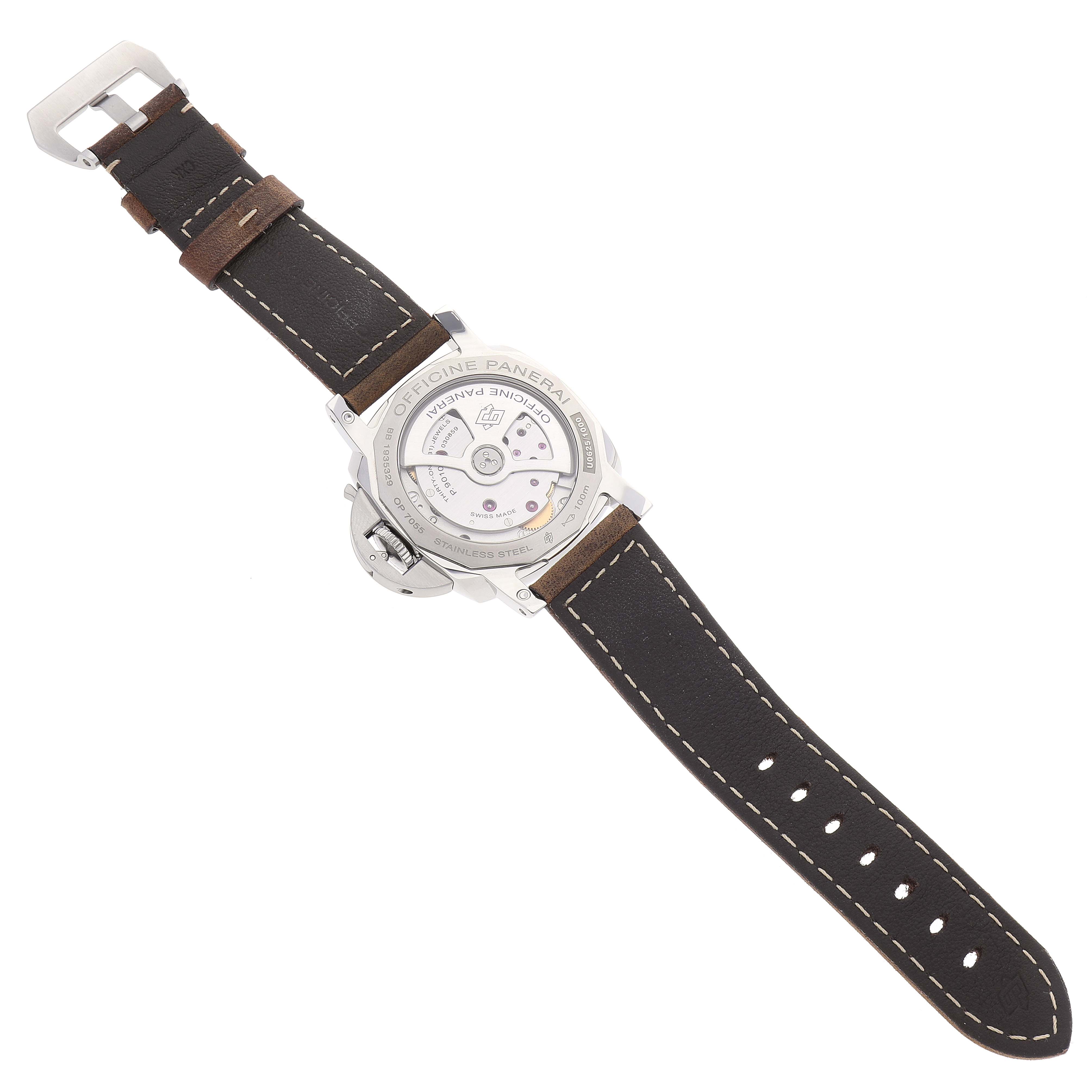 The image shows the back view of a Panerai Luminor PAM01523 Men's Stainless Steel White Dial PAM01523 Men's Stainless Steel White Dial watch, revealing the case back and strap.