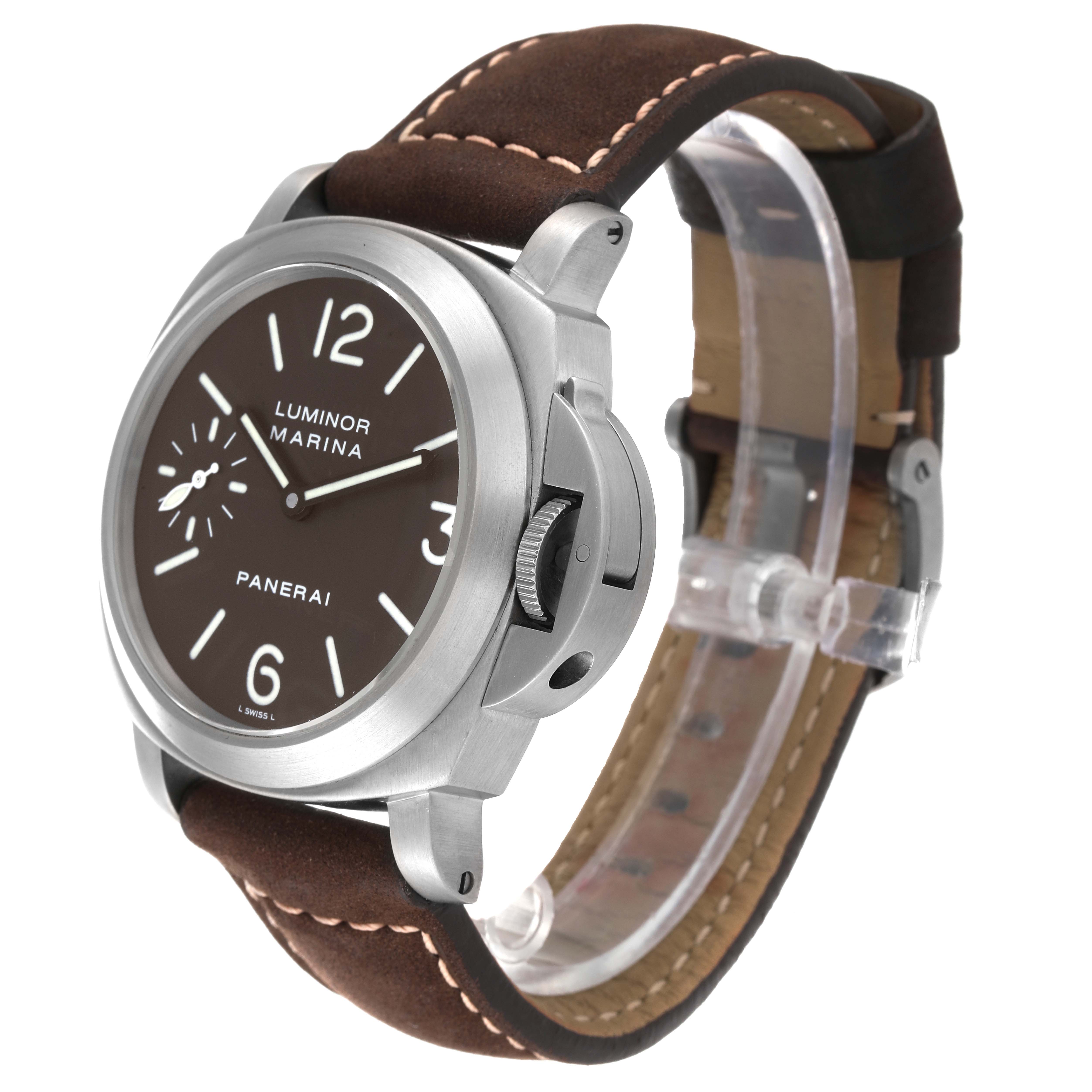 The image shows a Panerai Luminor PAM00118 Men's Titanium Brown Dial PAM00118 Men's Titanium Brown Dial watch from a three-quarter angle, highlighting its face, case, crown, and leather strap.