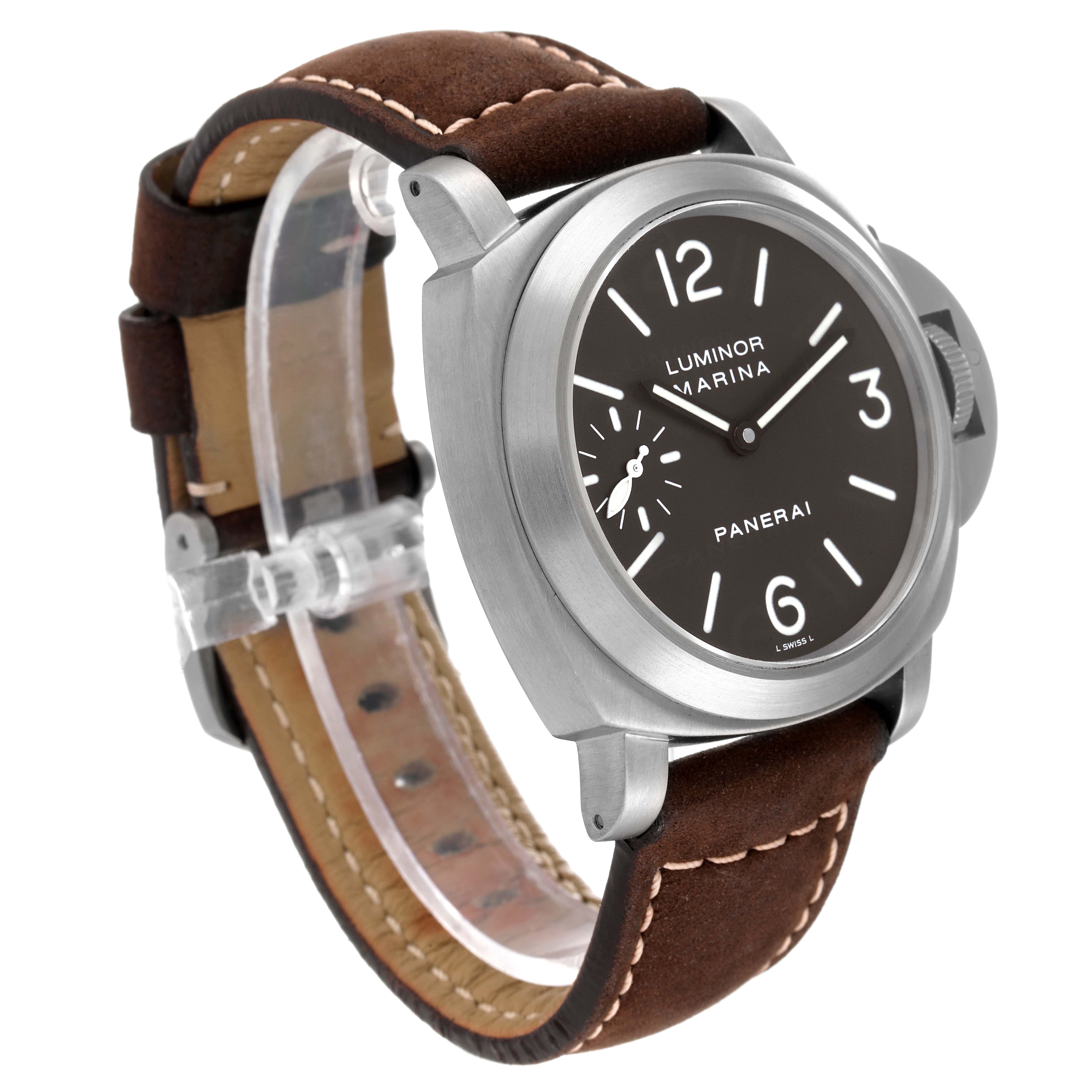 This image shows a three-quarter angle of the Panerai Luminor PAM00118 Men's Titanium Brown Dial PAM00118 Men's Titanium Brown Dial watch, highlighting the dial, case, crown guard, and leather strap.