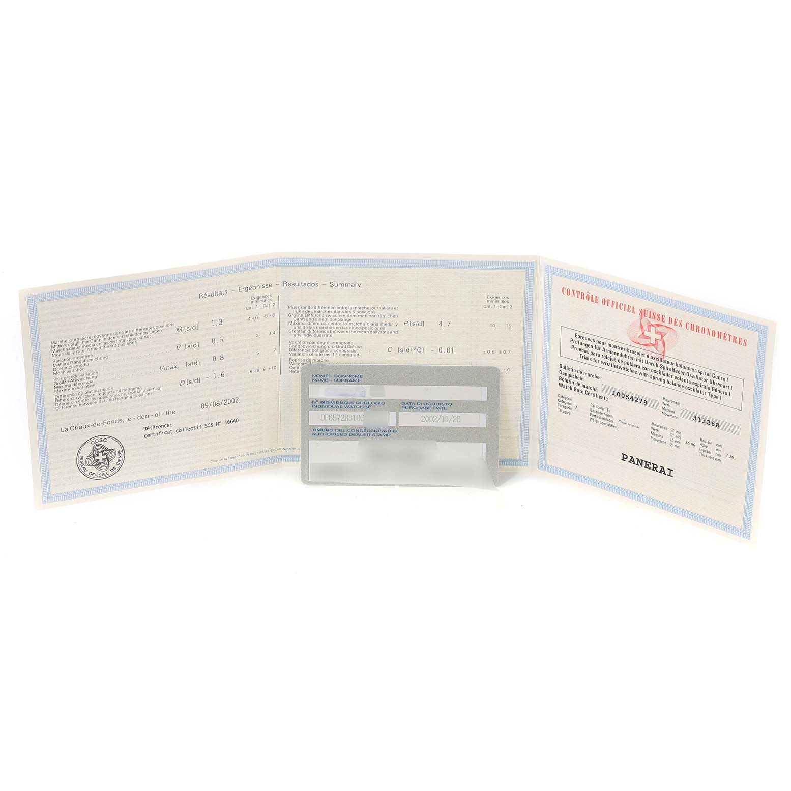 The image shows the official documentation and certificate for a Panerai Luminor PAM00118 Men's Titanium Brown Dial PAM00118 Men's Titanium Brown Dial watch.