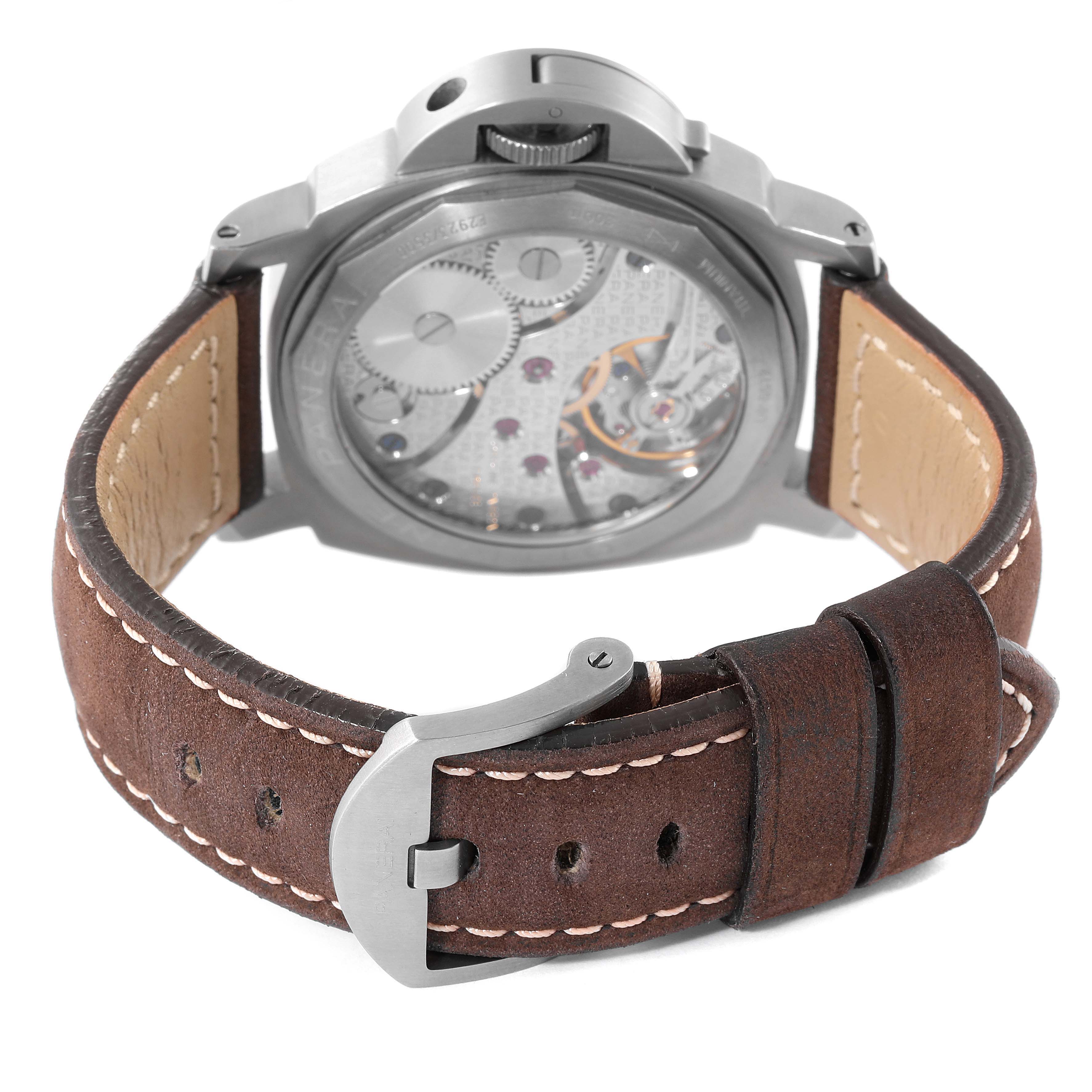 This image shows the back view of a Panerai Luminor PAM00118 Men's Titanium Brown Dial PAM00118 Men's Titanium Brown Dial watch, highlighting the leather strap and open case back with visible mechanisms.