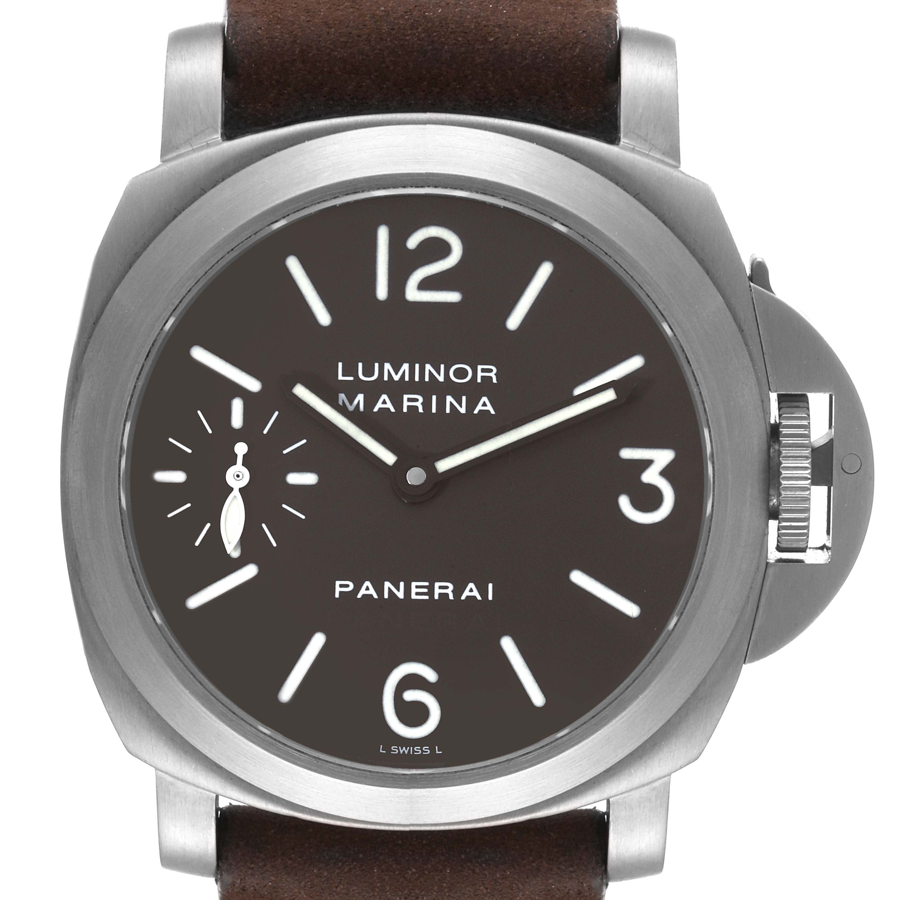 The image shows a front view of a Panerai Luminor PAM00118 Men's Titanium Brown Dial PAM00118 Men's Titanium Brown Dial Marina watch, displaying its dial, case, and crown guard.