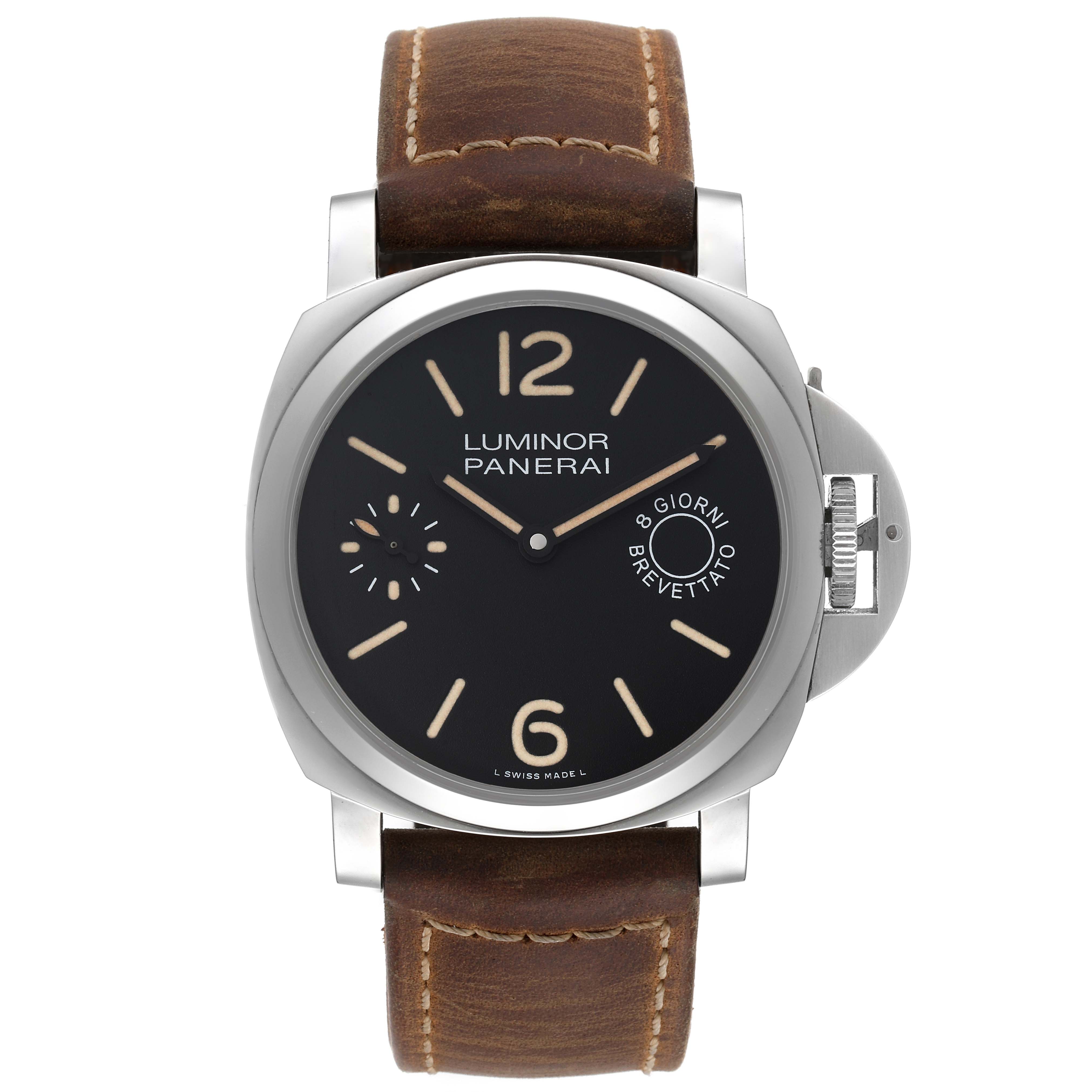 This image shows a front view of a Panerai Luminor PAM00590 Men's Stainless Steel Black Dial PAM00590 Men's Stainless Steel Black Dial watch with a brown leather strap and black dial.