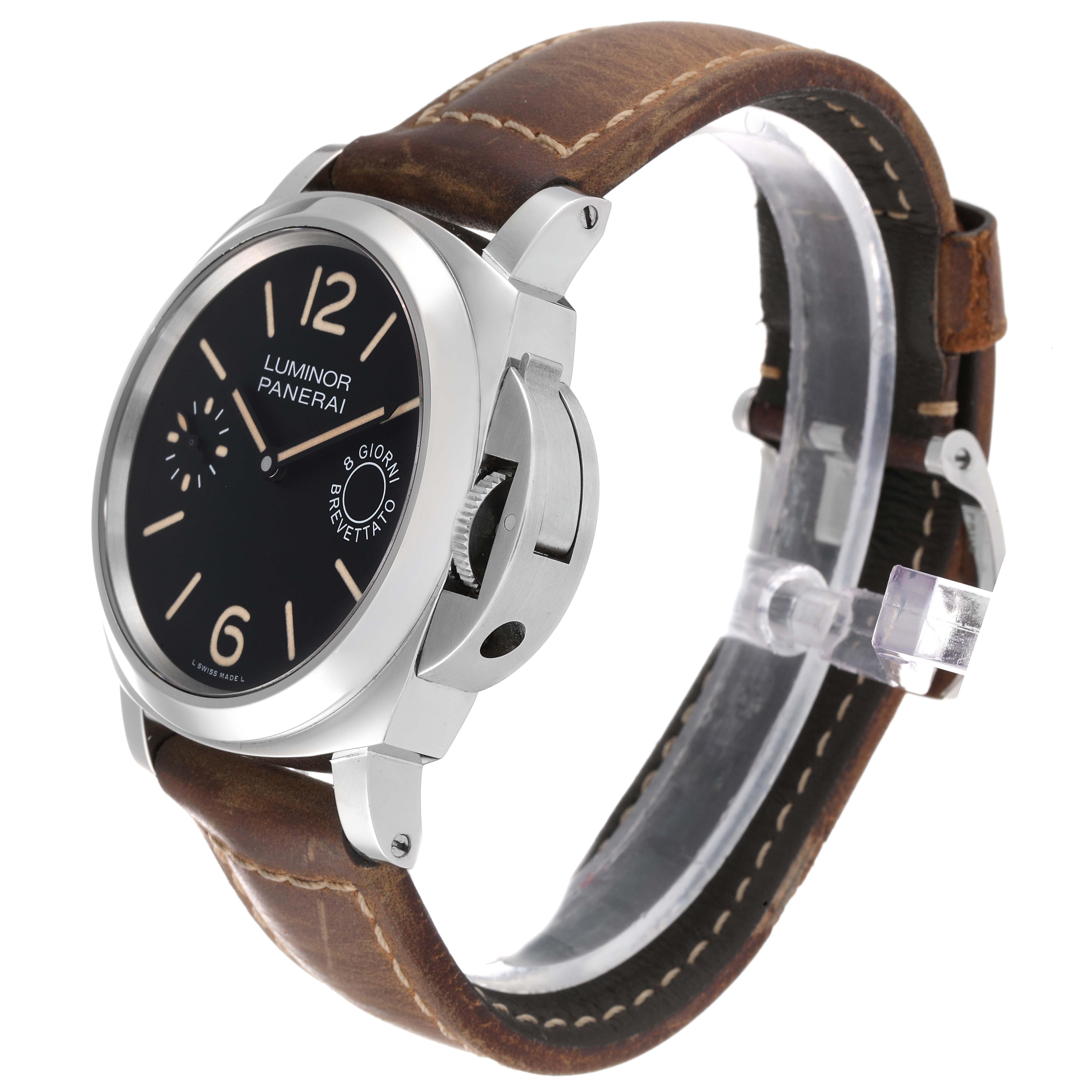 The image shows a side angle of the Panerai Luminor PAM00590 Men's Stainless Steel Black Dial PAM00590 Men's Stainless Steel Black Dial watch, highlighting the watch face, crown guard, and leather strap.