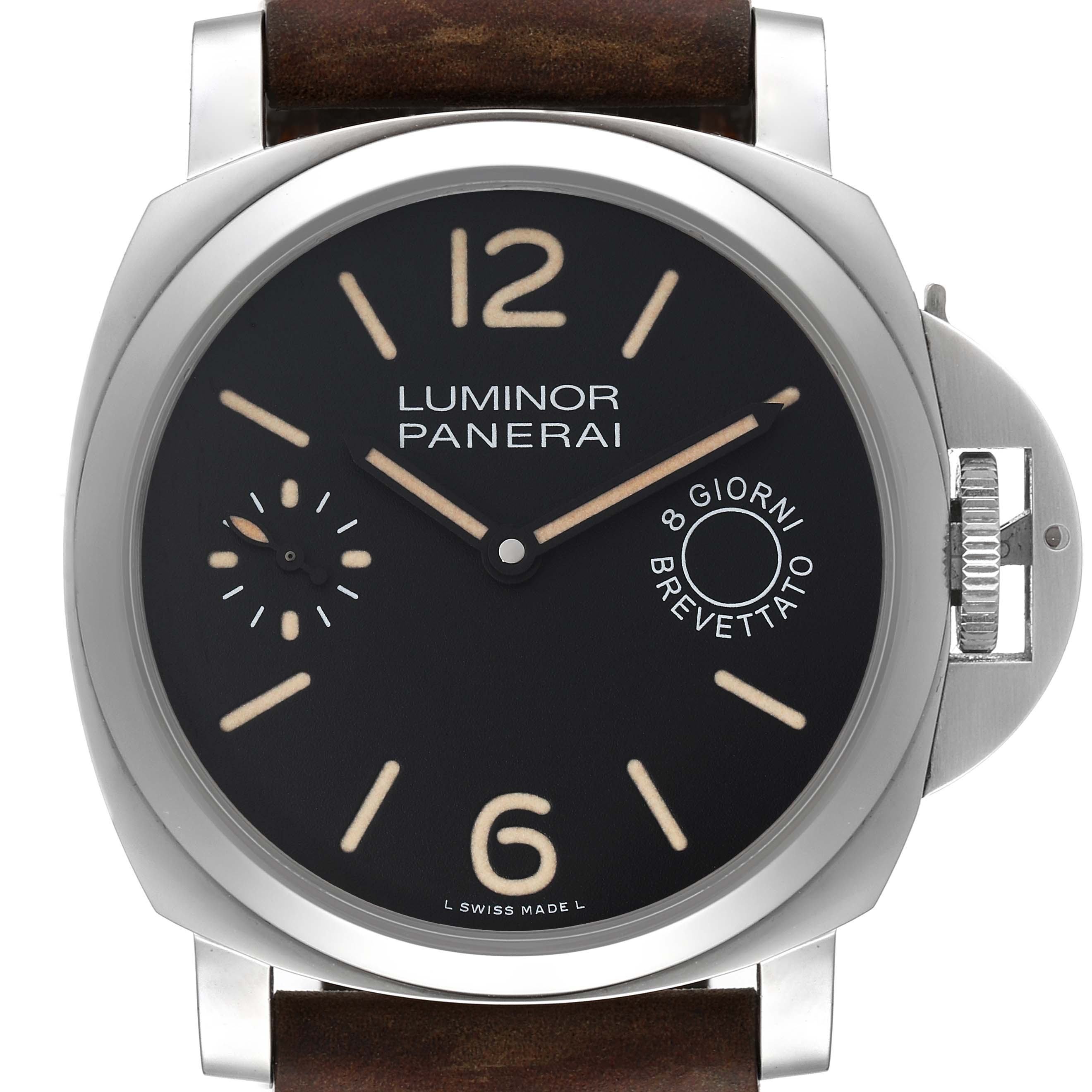 This image shows a front view of the Panerai Luminor PAM00590 Men's Stainless Steel Black Dial PAM00590 Men's Stainless Steel Black Dial watch, highlighting its dial, case, crown guard, and strap ends.