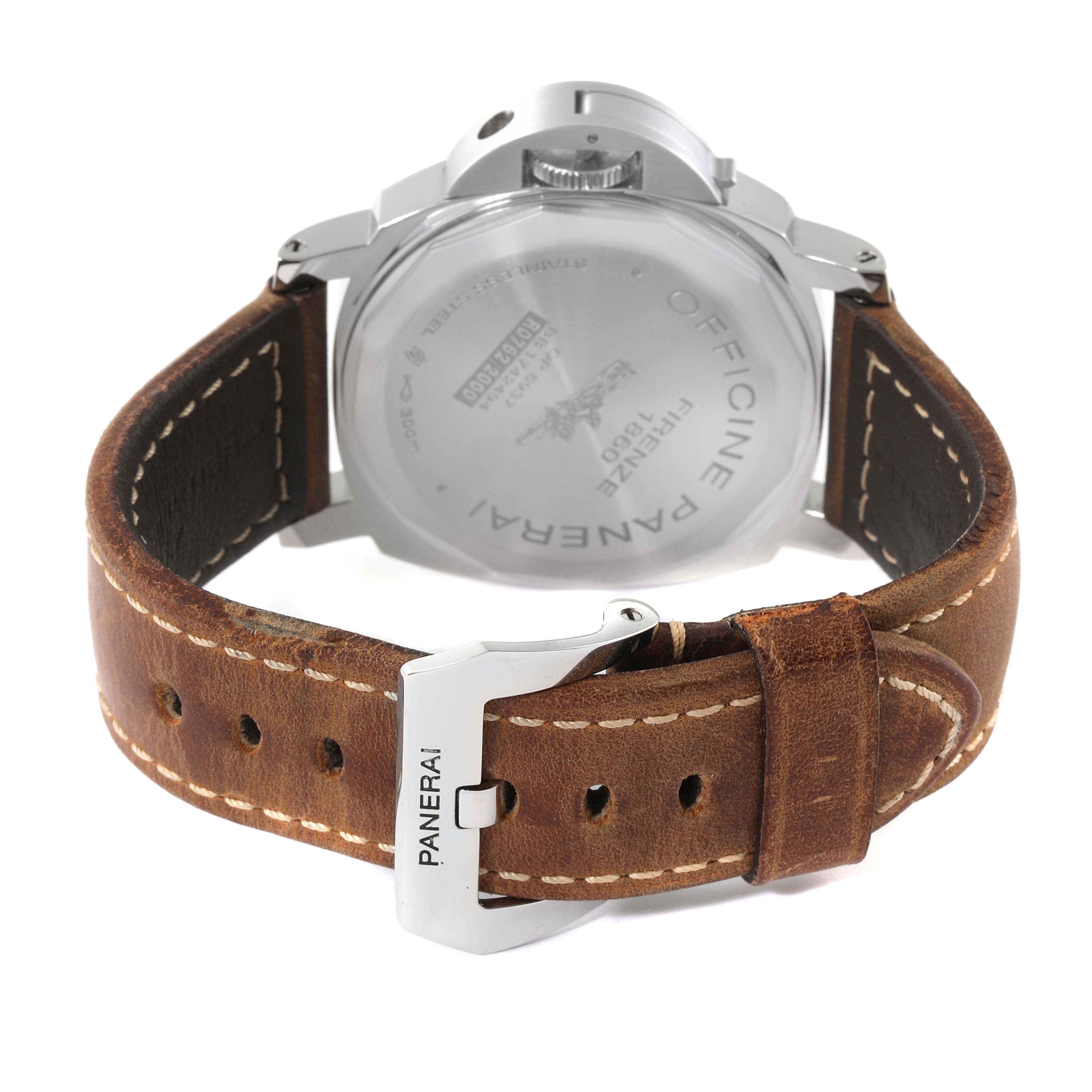 This image shows the back view of a Panerai Luminor PAM00590 Men's Stainless Steel Black Dial PAM00590 Men's Stainless Steel Black Dial watch, highlighting its case back and leather strap with buckle.