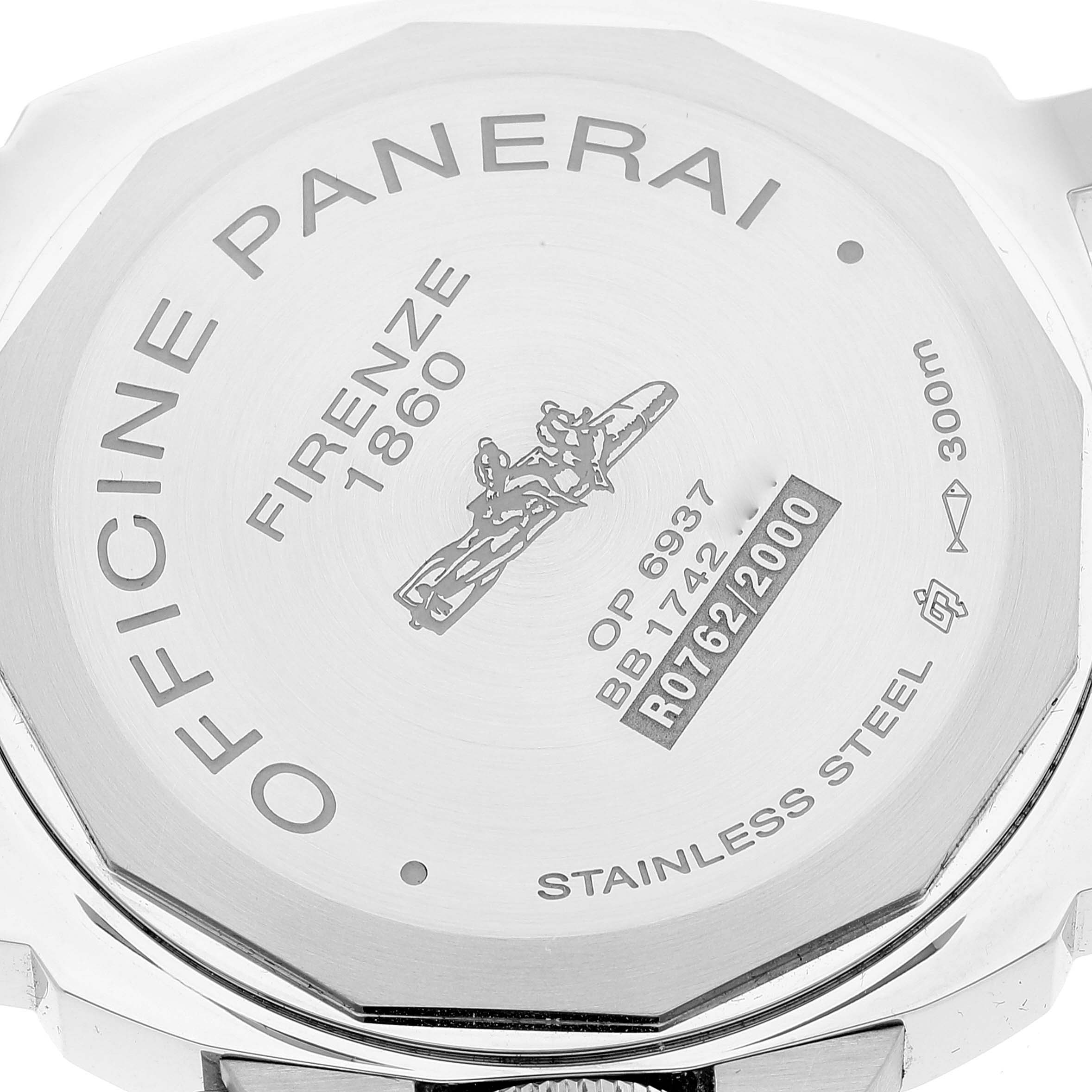 The image shows the stainless steel case back of a Panerai Luminor PAM00590 Men's Stainless Steel Black Dial PAM00590 Men's Stainless Steel Black Dial watch with engravings.