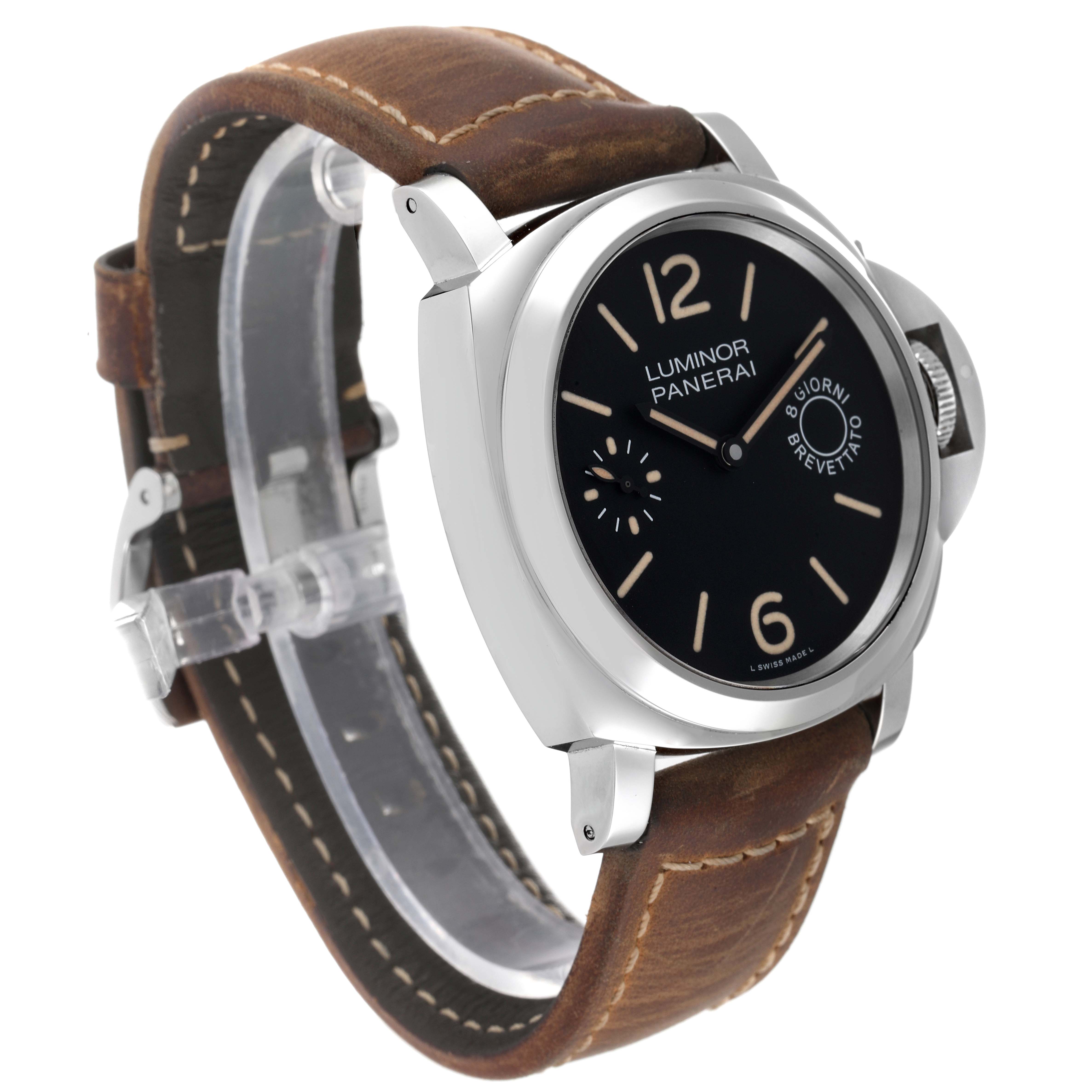 The Panerai Luminor PAM00590 Men's Stainless Steel Black Dial PAM00590 Men's Stainless Steel Black Dial watch is photographed from an angled side view, showing the face, crown, and leather strap.