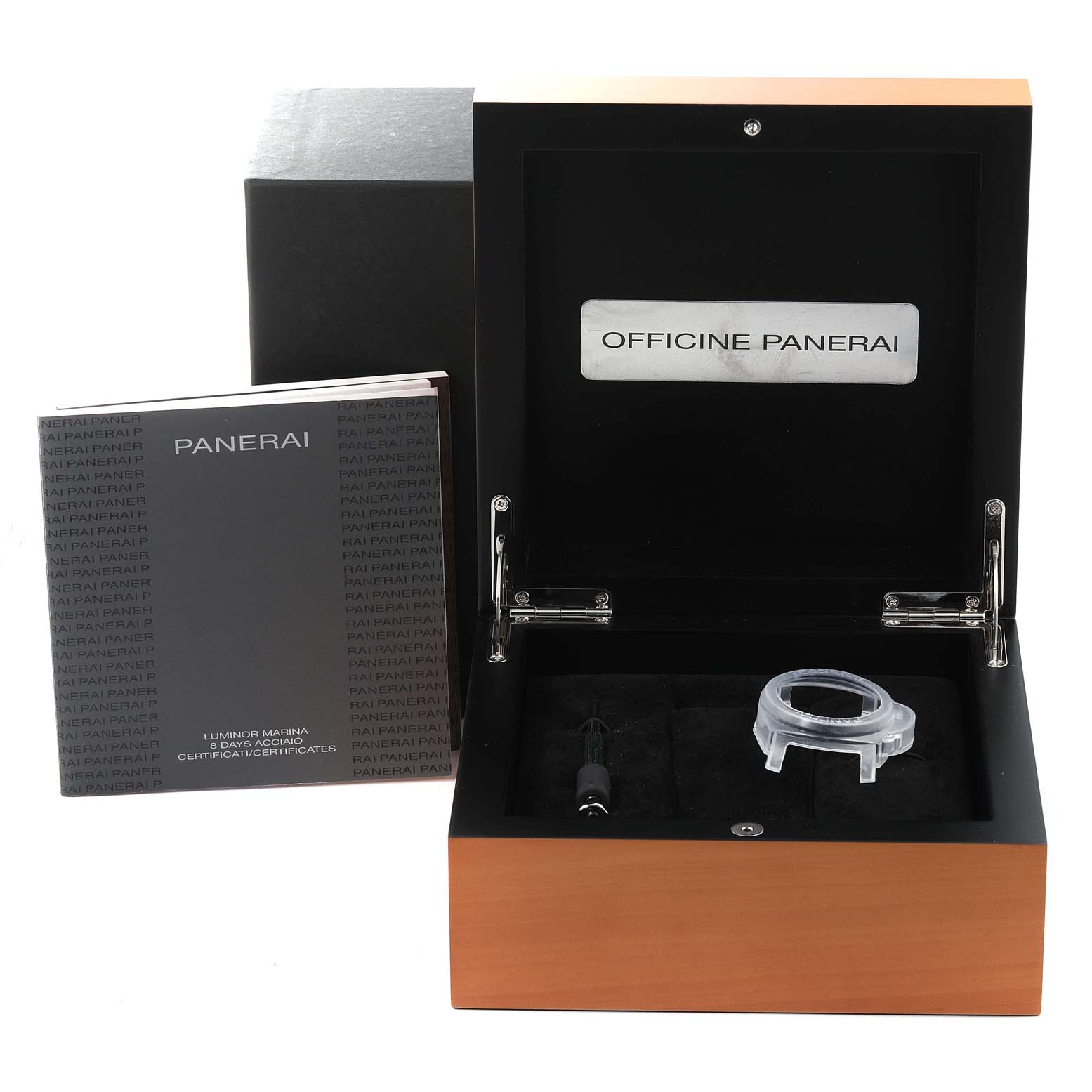 The image shows an open wooden box for a Panerai Luminor PAM00590 Men's Stainless Steel Black Dial PAM00590 Men's Stainless Steel Black Dial watch, with documentation and watch case accessories beside it.