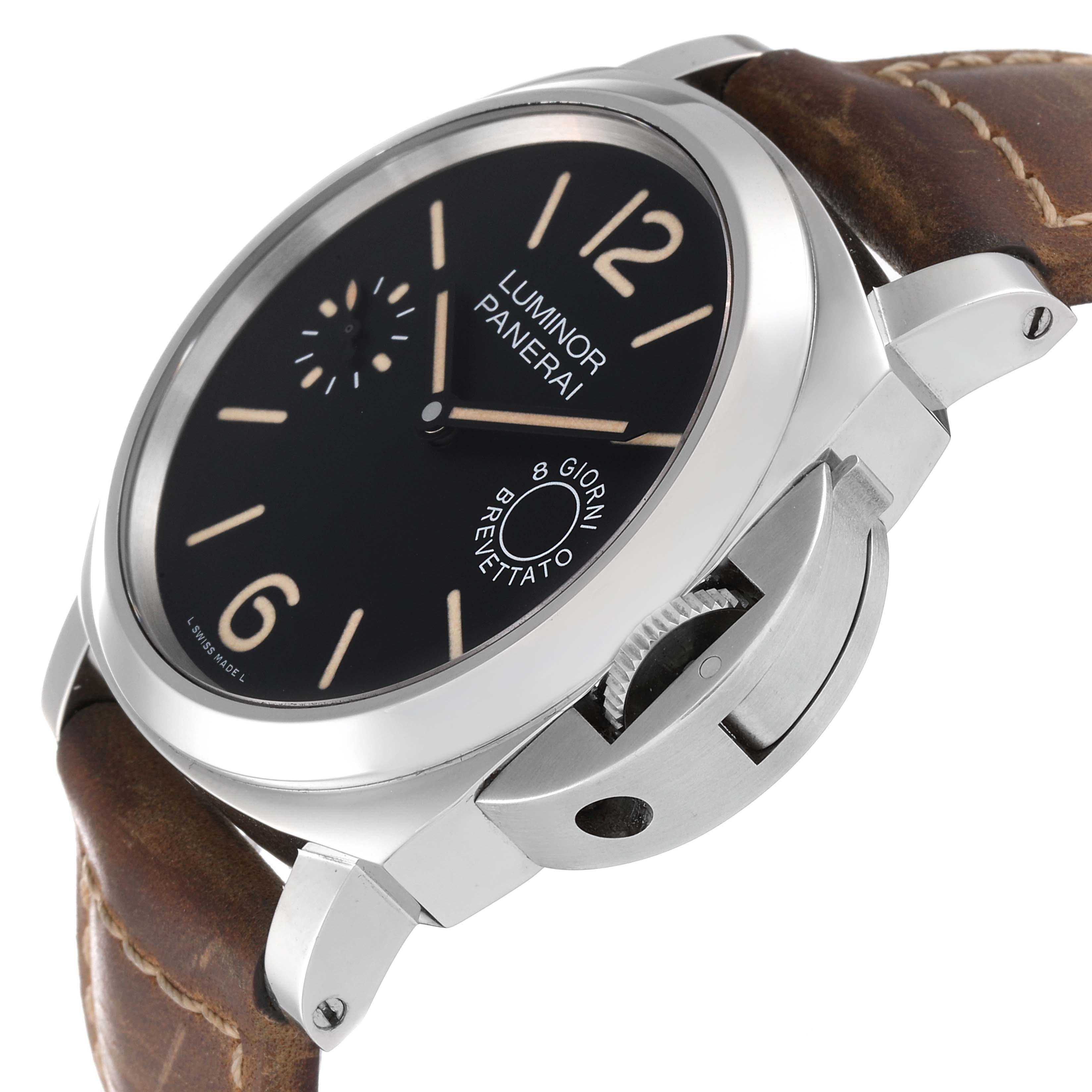 The image shows a close-up side angle of a Panerai Luminor PAM00590 Men's Stainless Steel Black Dial PAM00590 Men's Stainless Steel Black Dial watch, focusing on its crown guard, dial, and leather strap.