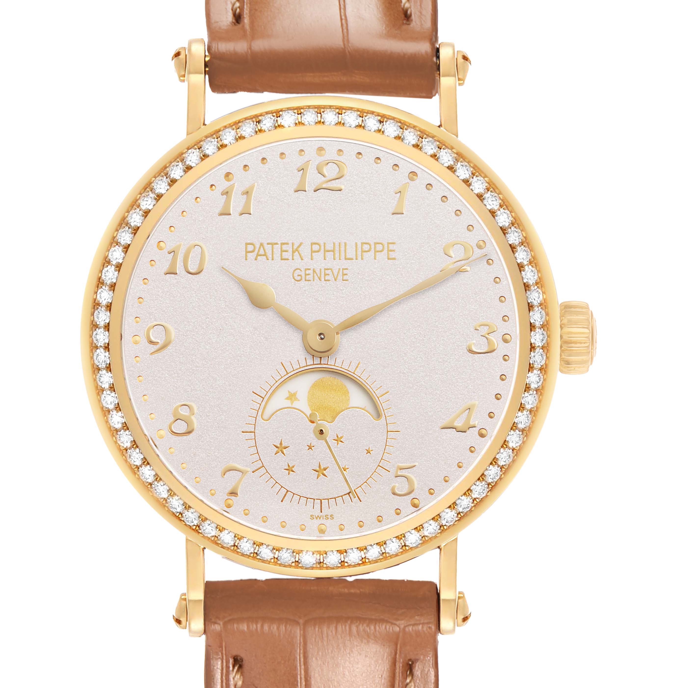The image shows a front view of the Patek Philippe Calatrava 7121J-001 Women's Yellow Gold Silver Dial watch, displaying its face, bezel, and leather strap.