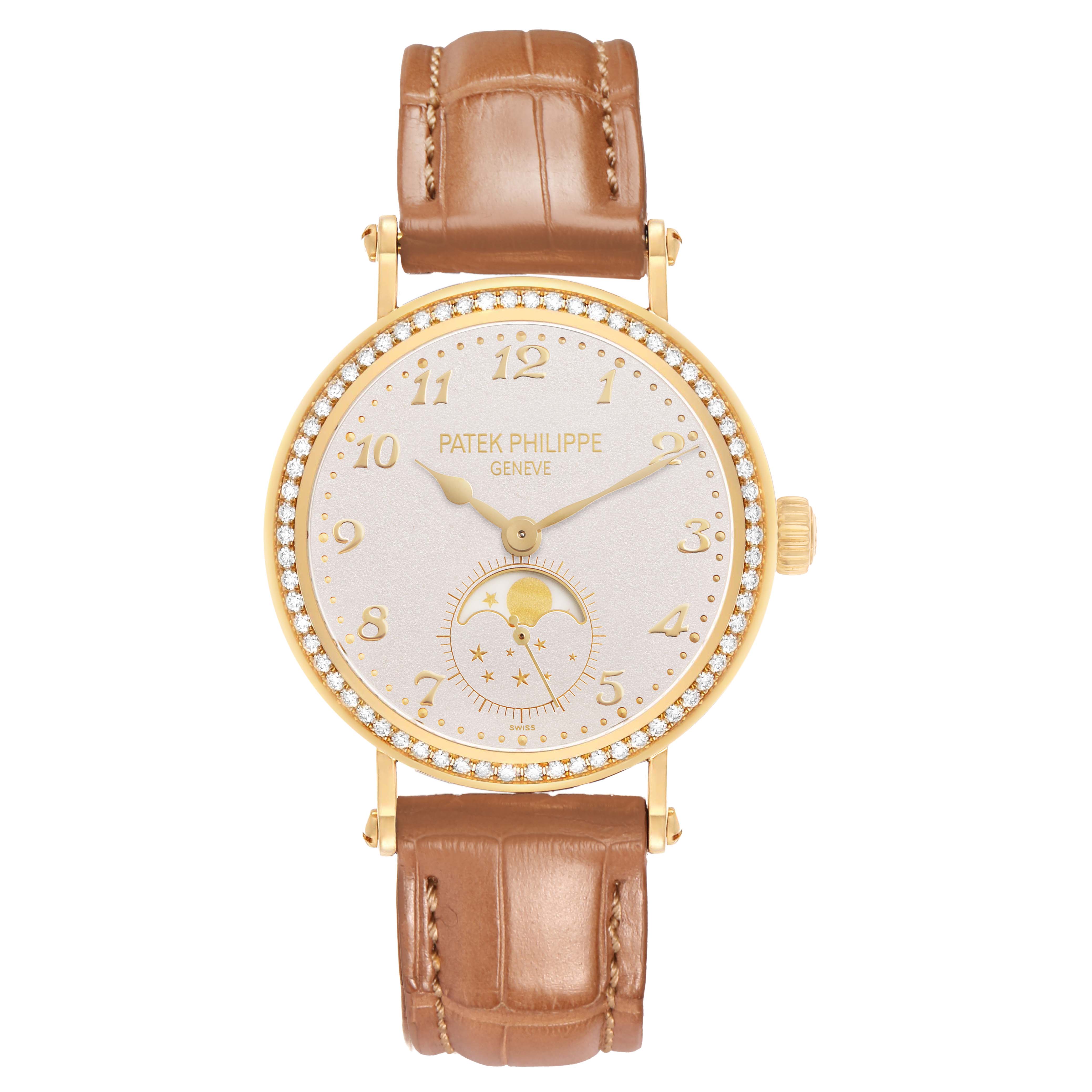 The image shows a Patek Philippe Calatrava 7121J-001 Women's Yellow Gold Silver Dial watch from the front, displaying the dial, gold hour markers, and brown leather strap.