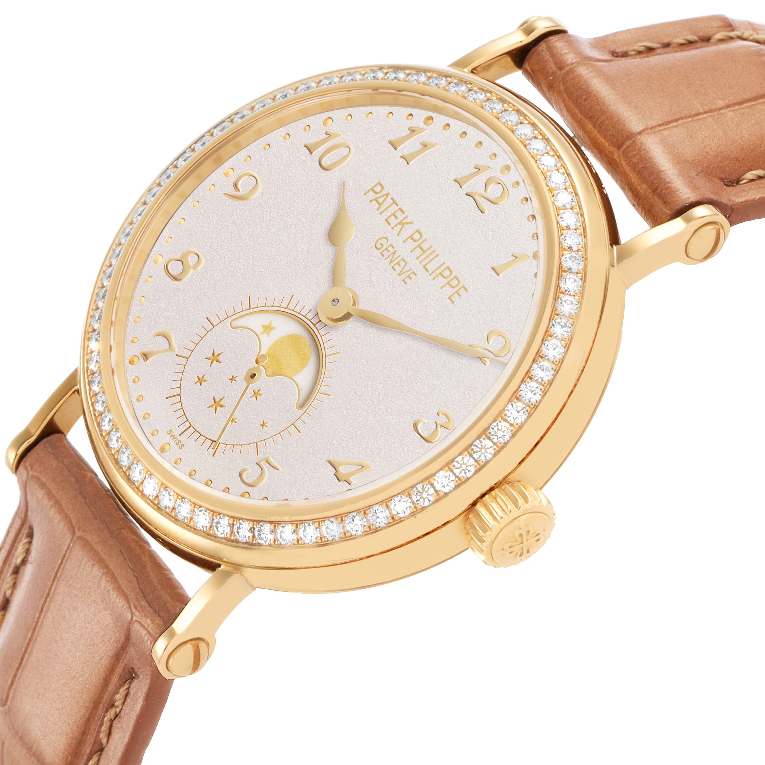 The Patek Philippe Calatrava 7121J-001 Women's Yellow Gold Silver Dial watch is shown at a tilted angle, displaying the face, bezel, and leather strap.