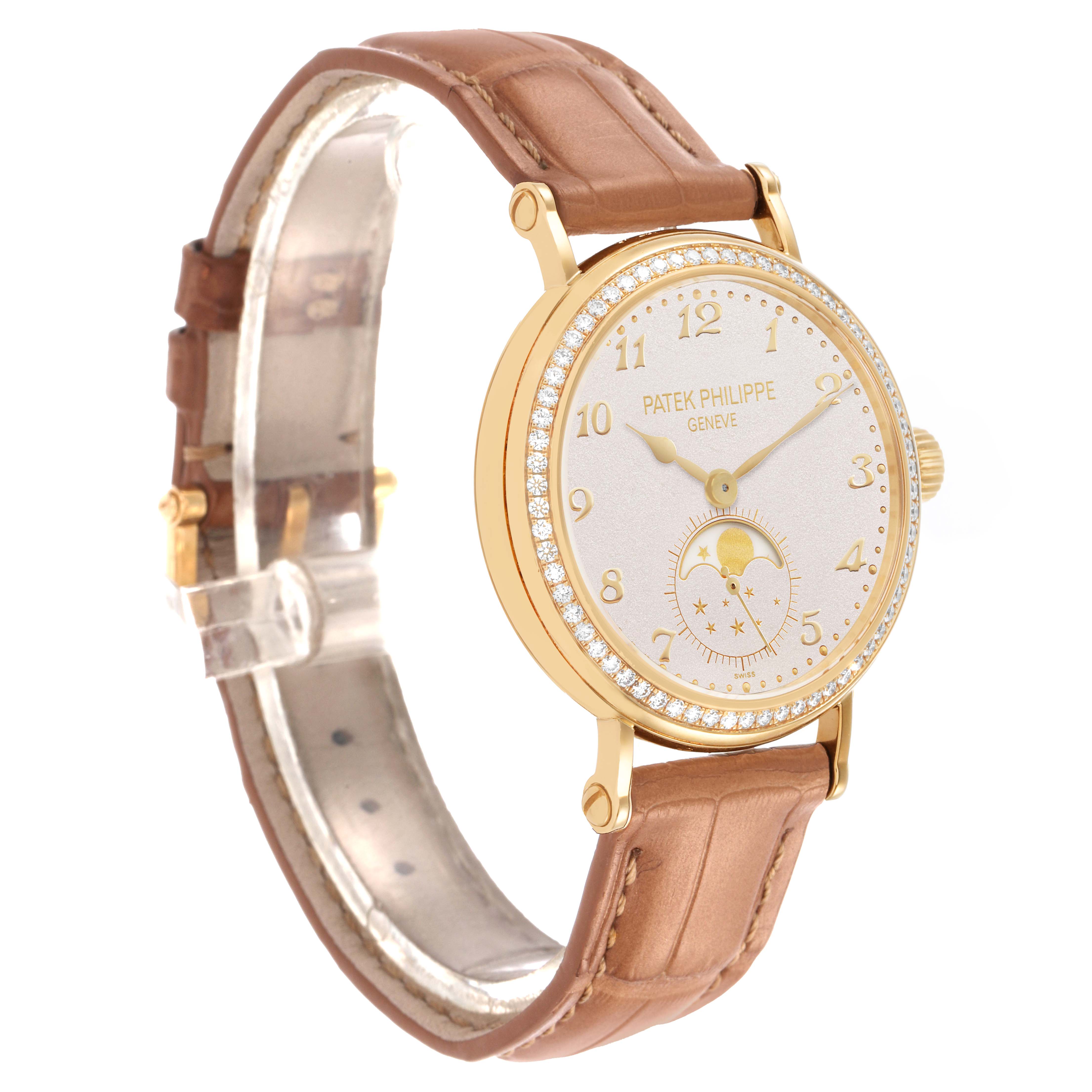 The Patek Philippe Calatrava 7121J-001 Women's Yellow Gold Silver Dial watch is shown at a 3/4 angle, highlighting the dial, bezel, and leather strap.