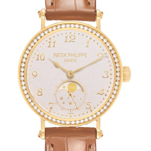 The Patek Philippe Calatrava 7121J-001 Women's Yellow Gold Silver Dial watch is shown in a front view, highlighting its dial, bezel, hands, and leather strap.
