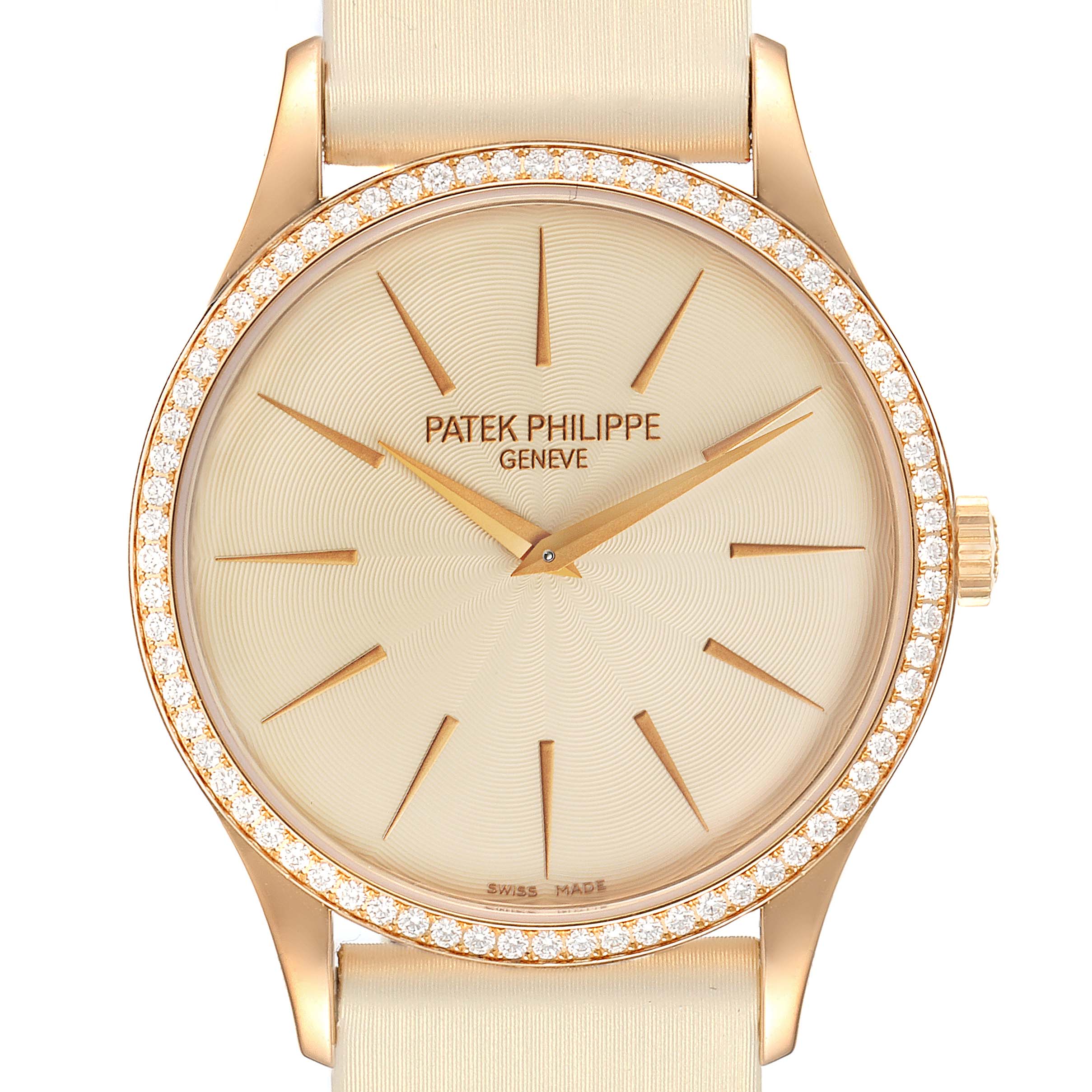 The image shows a frontal view of a Patek Philippe Calatrava 4897R-010 Women
s Rose Gold Beige Dial 4897R-010 Women
s Rose Gold Beige Dial watch, highlighting the face, diamond bezel, and straps.