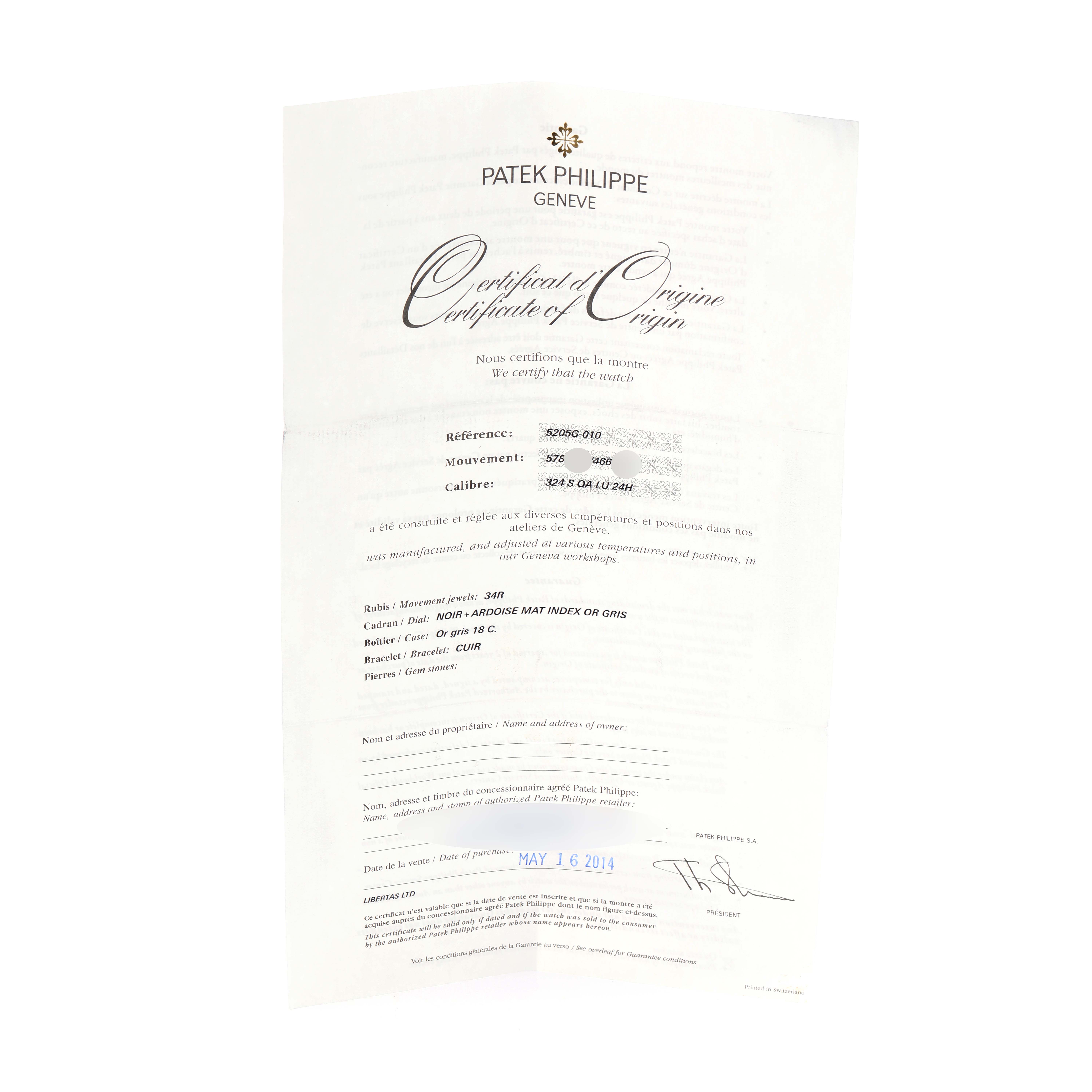 The image shows the Certificate of Origin for a Patek Philippe Complications 5205 Men
s White Gold Black Dial watch.