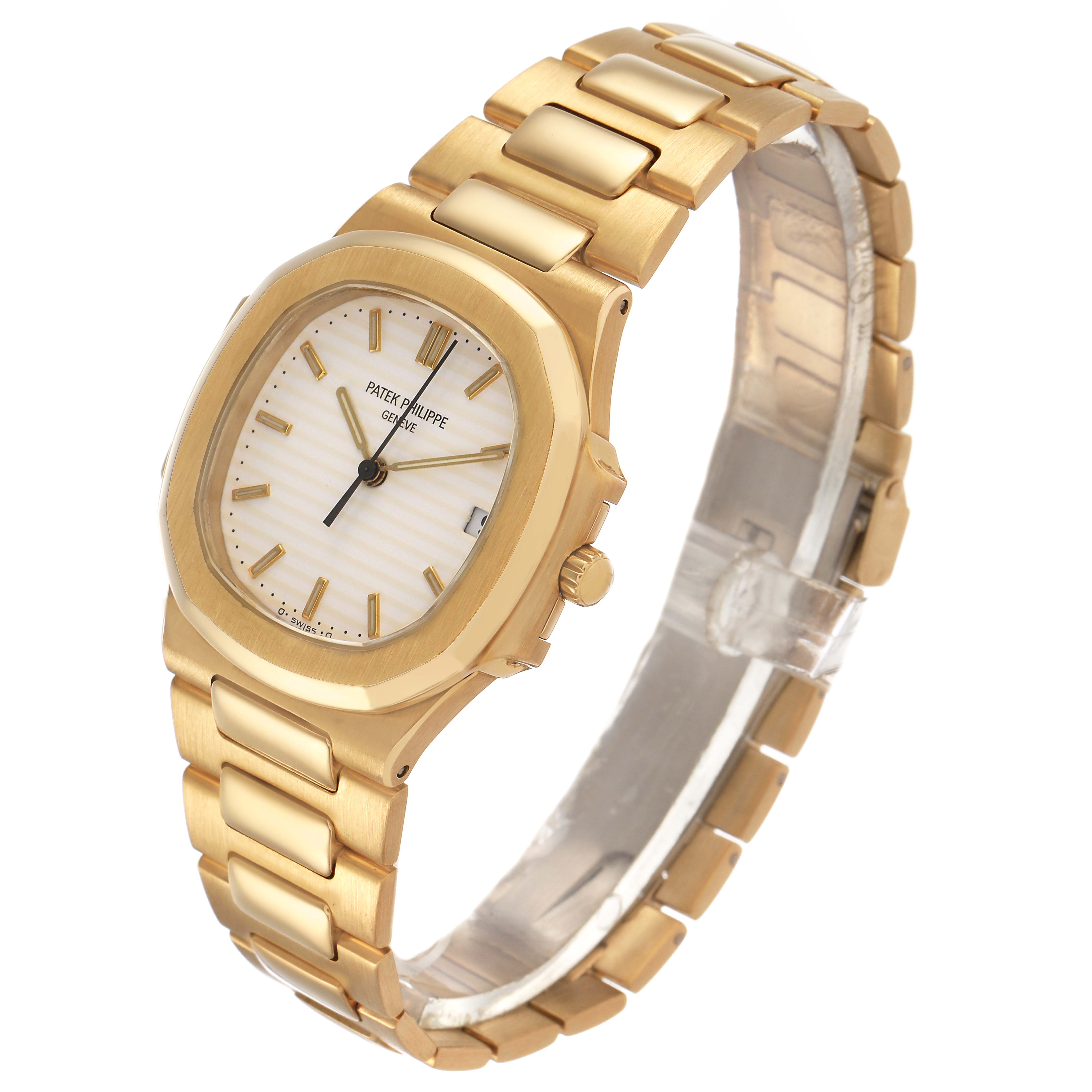 The Patek Philippe Nautilus 3900/1 Women's Yellow Gold White Dial watch is shown at a slight angled side view, displaying the gold case, bracelet, and dial.