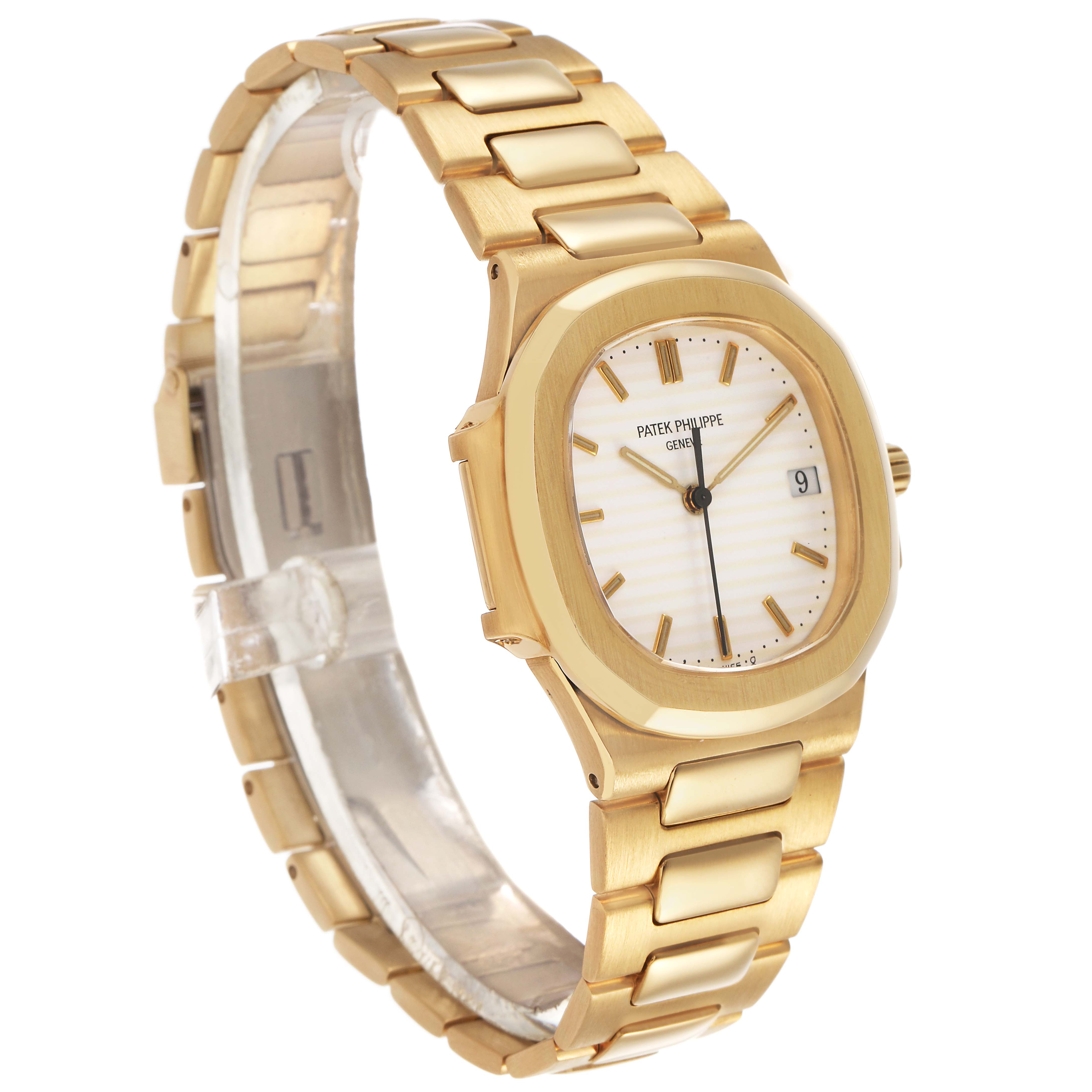 The Patek Philippe Nautilus 3900/1 Women's Yellow Gold White Dial watch is shown at a three-quarter angle, highlighting the dial, bezel, and linked bracelet.