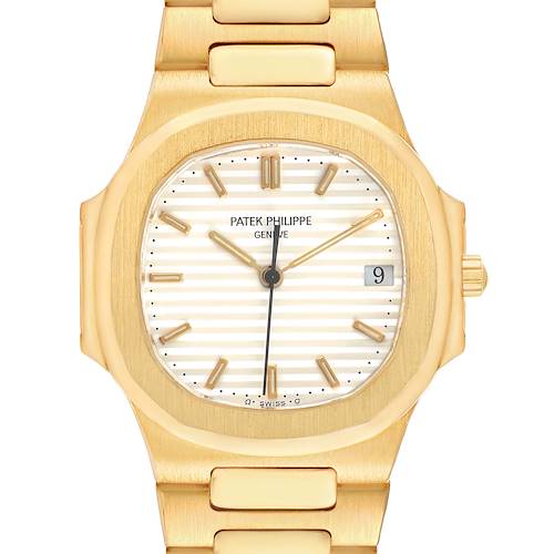 The Patek Philippe Nautilus 3900/1 Women's Yellow Gold White Dial watch is shown from a frontal angle, highlighting the dial, bezel, and gold bracelet.