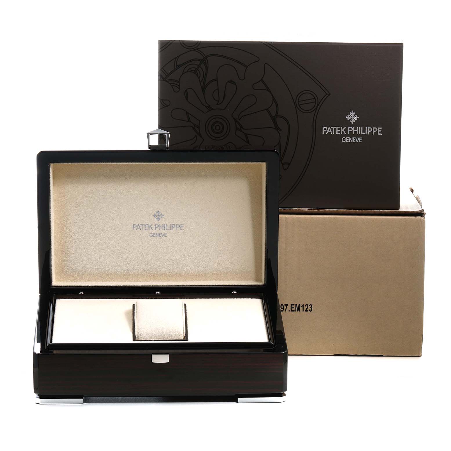 The image shows a Patek Philippe Nautilus 3900/1 Women's Yellow Gold White Dial watch box and outer packaging, photographed from the front.
