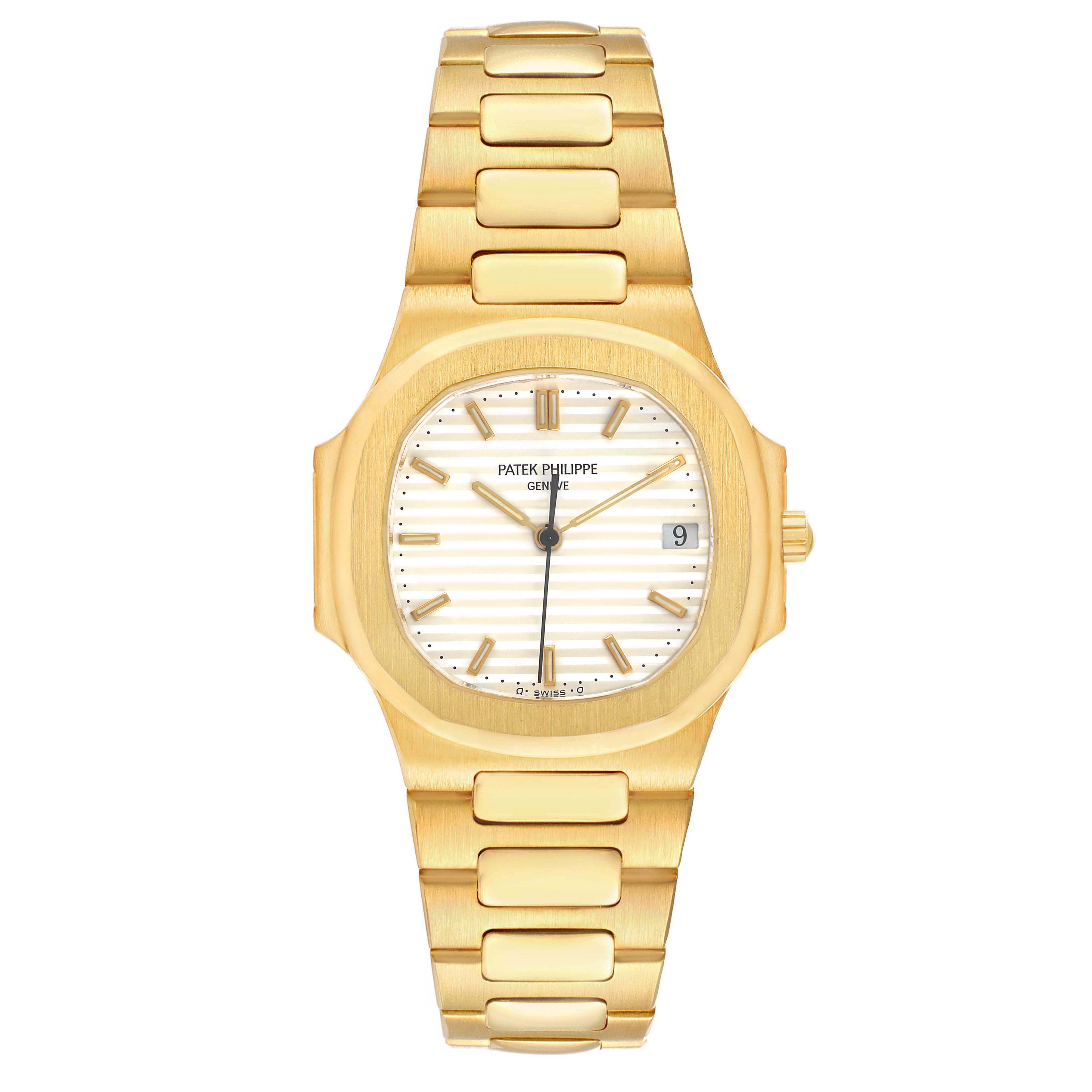 This image shows a front view of the Patek Philippe Nautilus 3900/1 Women's Yellow Gold White Dial watch, highlighting its gold case, bracelet, and white dial with a date display.