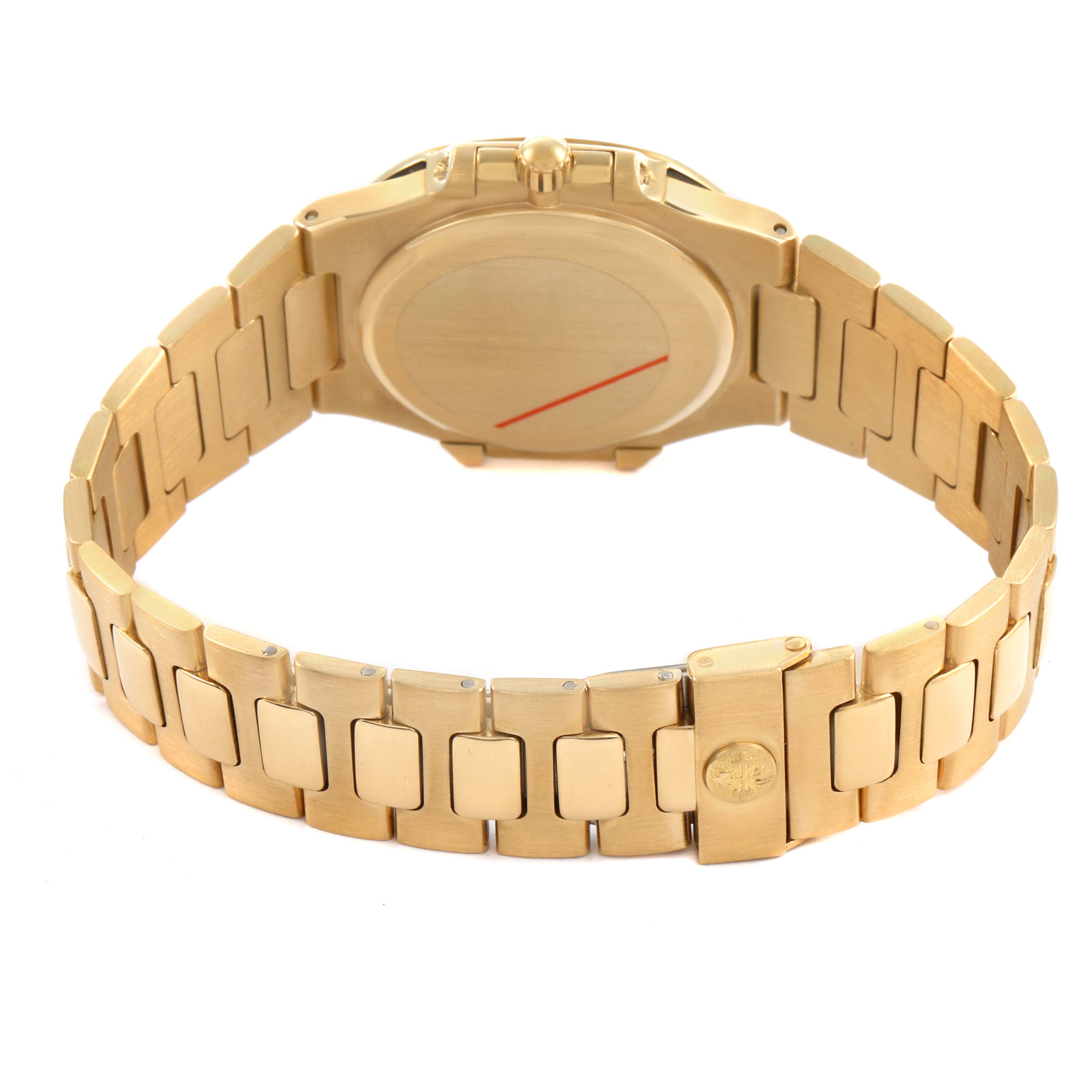 The image shows the back and bracelet of a Patek Philippe Nautilus 3900/1 Women's Yellow Gold White Dial watch, highlighting its clasp and links.