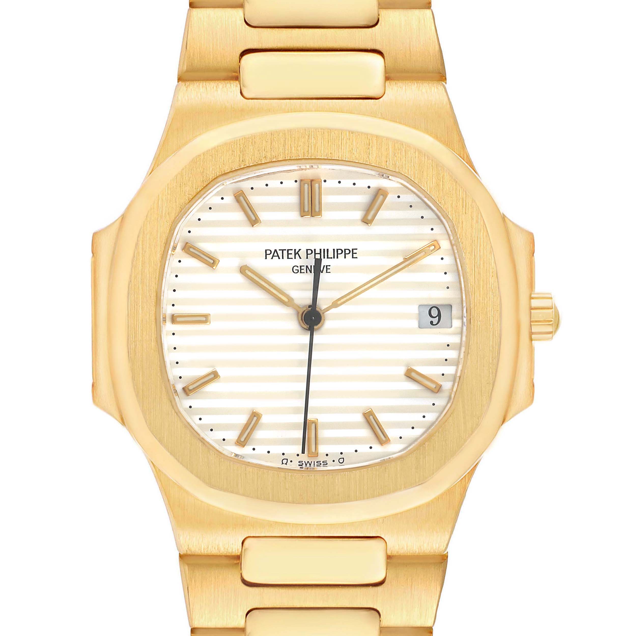 The Patek Philippe Nautilus 3900/1 Women's Yellow Gold White Dial watch is shown from the front, displaying the dial, hands, bracelet, and date indicator.