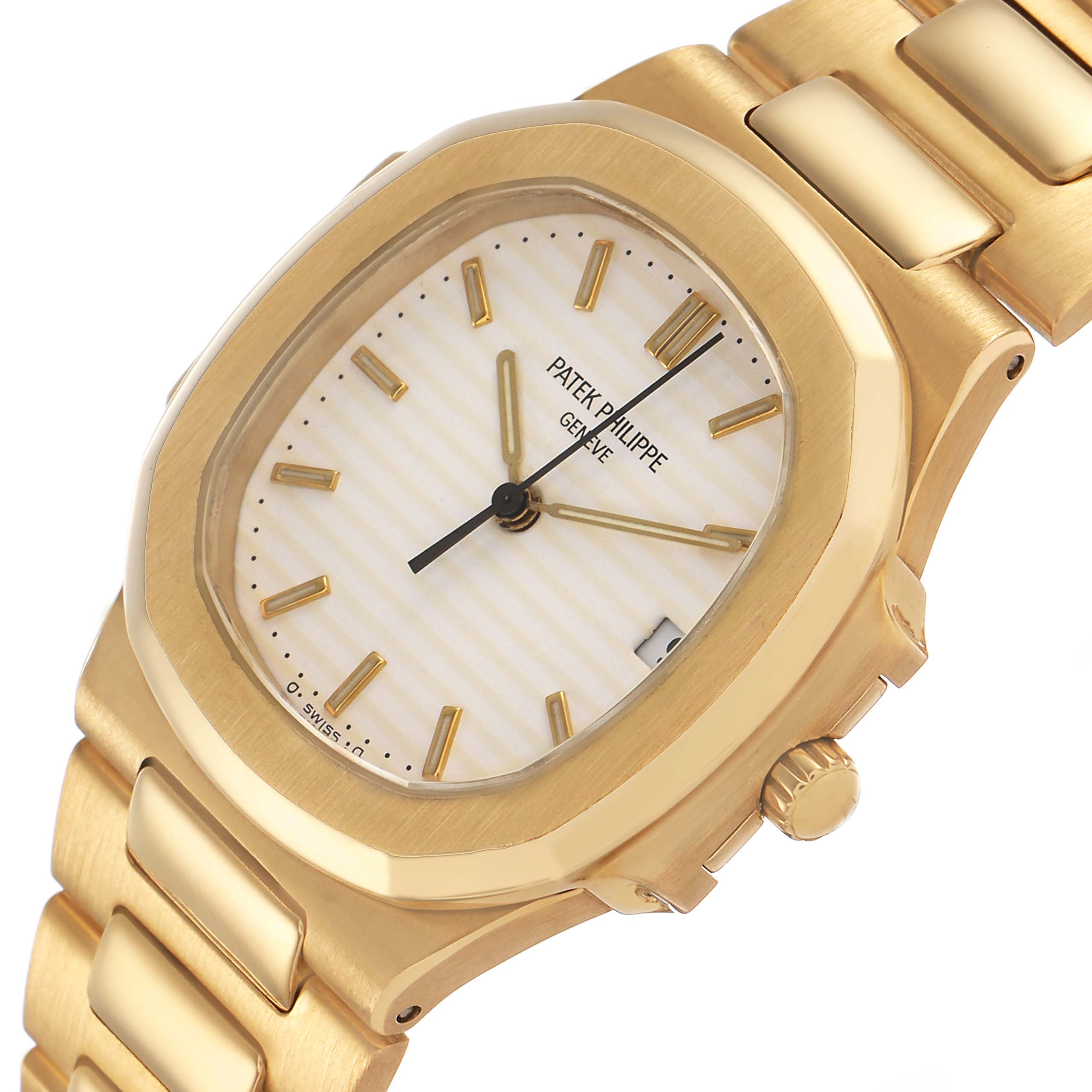 The Patek Philippe Nautilus 3900/1 Women's Yellow Gold White Dial watch is shown from a top angle, highlighting the face, dial, crown, and part of the bracelet.