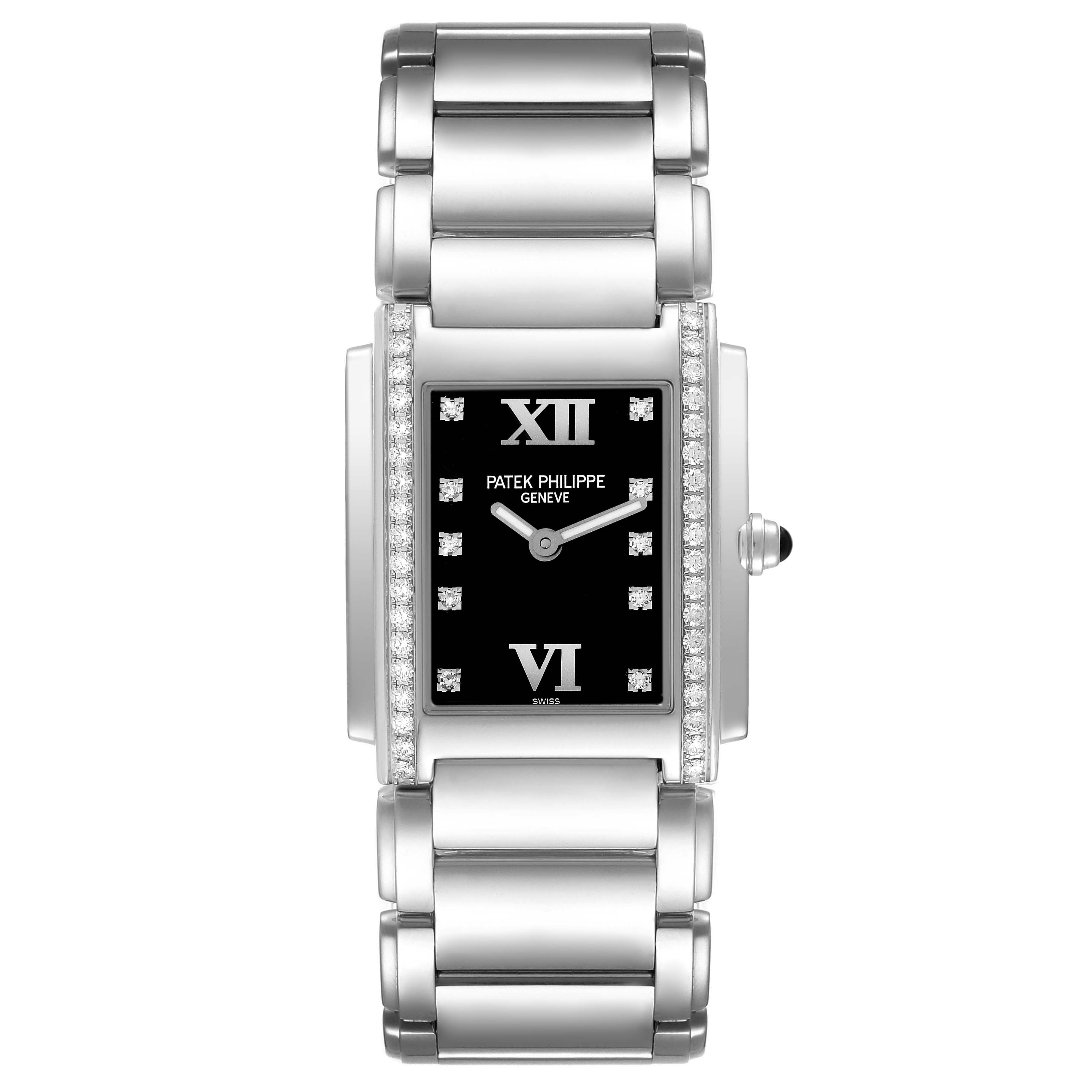 The image depicts the front view of a Patek Philippe Twenty-4 4910/10 Women's White Gold Black Dial 4910/10 Women's White Gold Black Dial model watch, showing its face and bracelet.