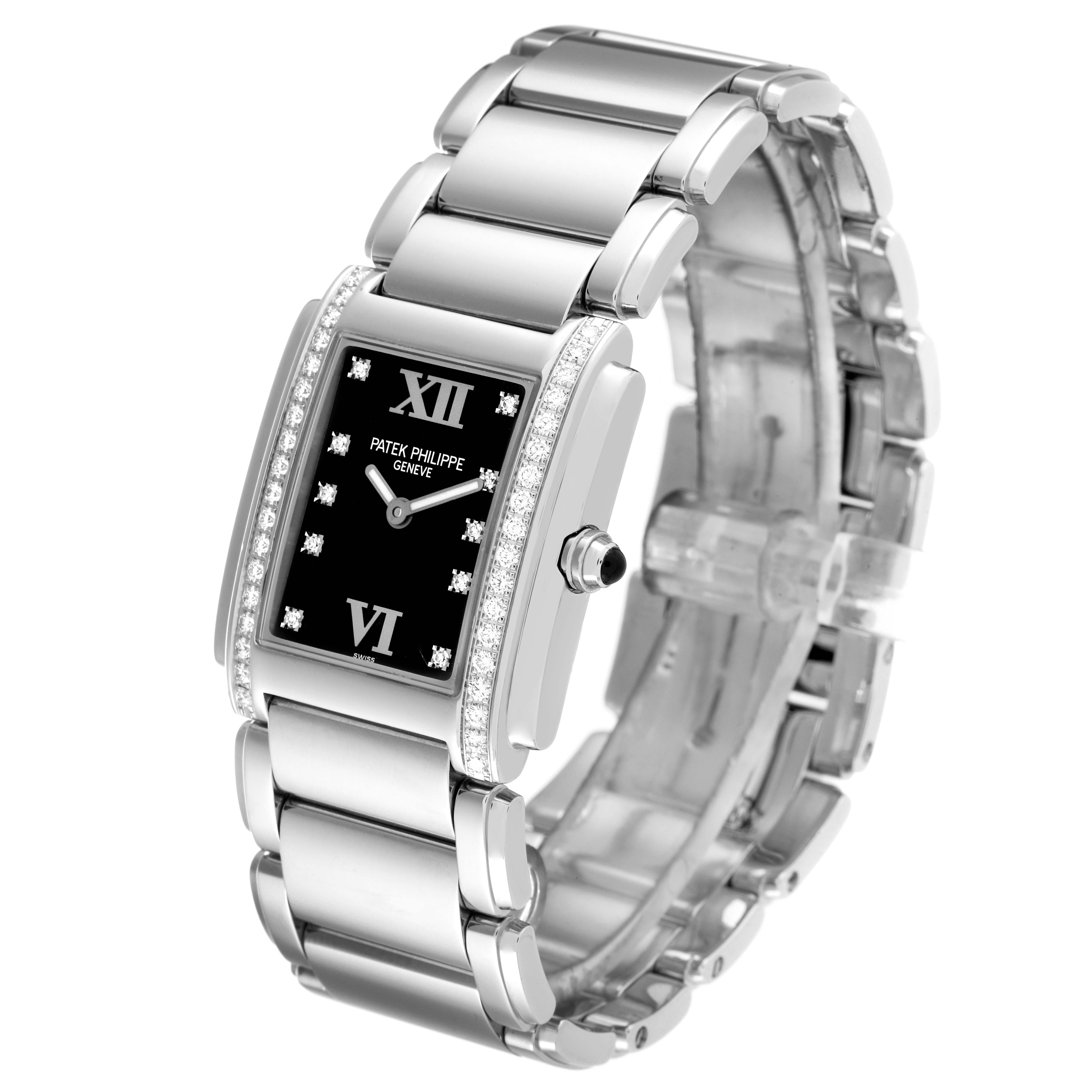 The image shows a Patek Philippe Twenty-4 4910/10 Women's White Gold Black Dial 4910/10 Women's White Gold Black Dial watch at an angle highlighting its face, bracelet, and side details.