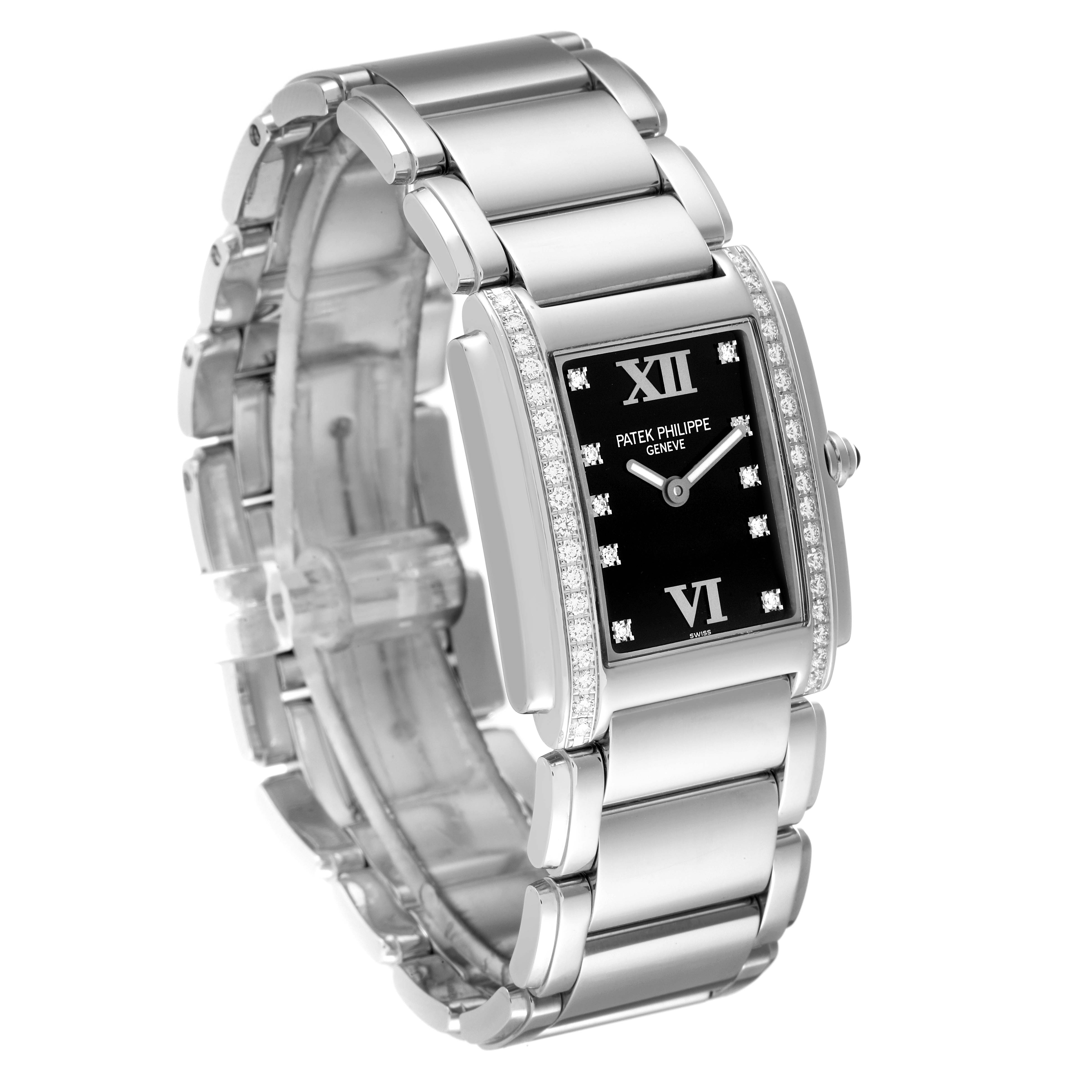 The angle displays the Patek Philippe Twenty-4 4910/10 Women's White Gold Black Dial 4910/10 Women's White Gold Black Dial watch from a three-quarter view, showcasing the bracelet and diamond-set bezel.