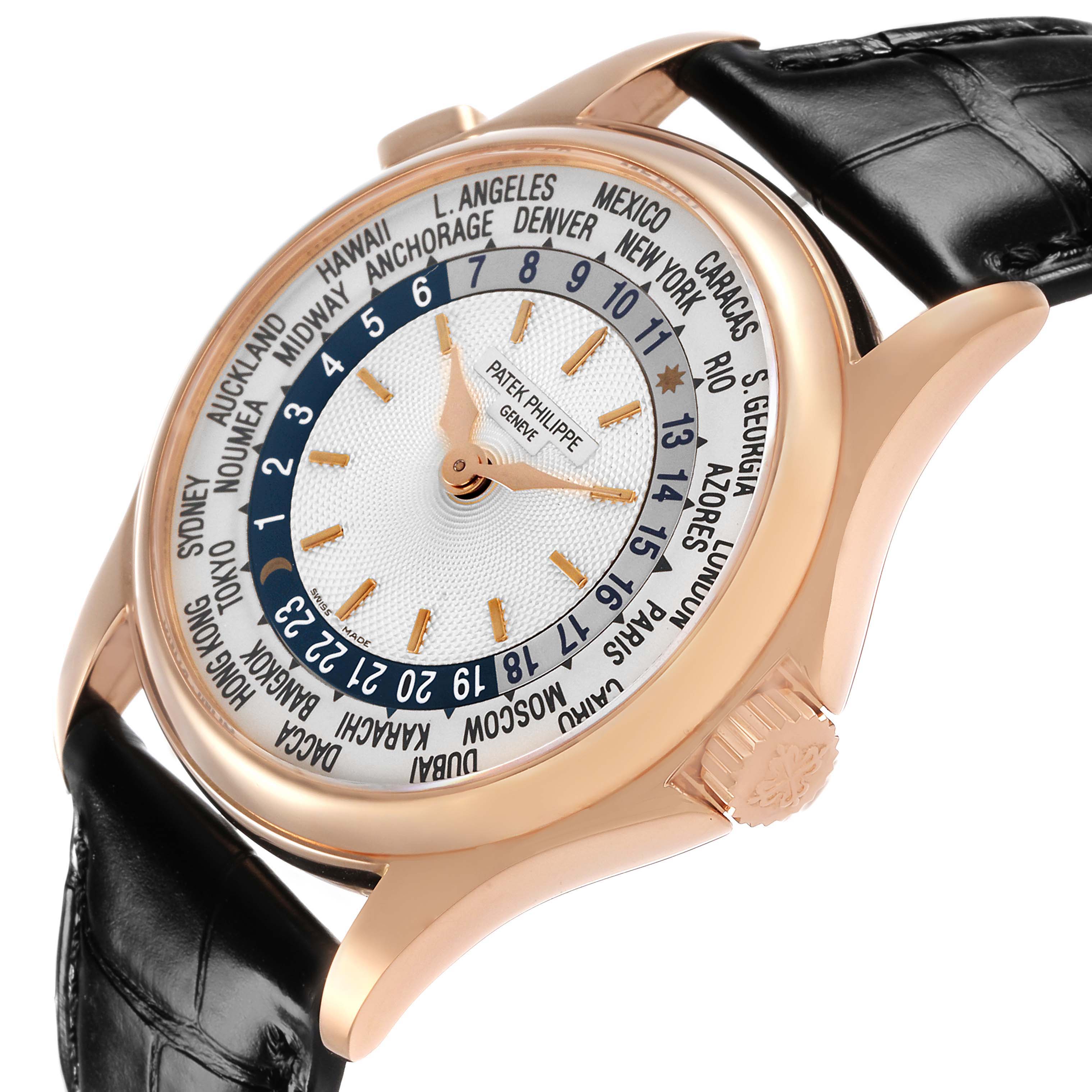 The Patek Philippe Complications 5110R-001 Men's Rose Gold Silver Dial watch is shown at an oblique angle, highlighting the dial, bezel, crown, and leather strap.