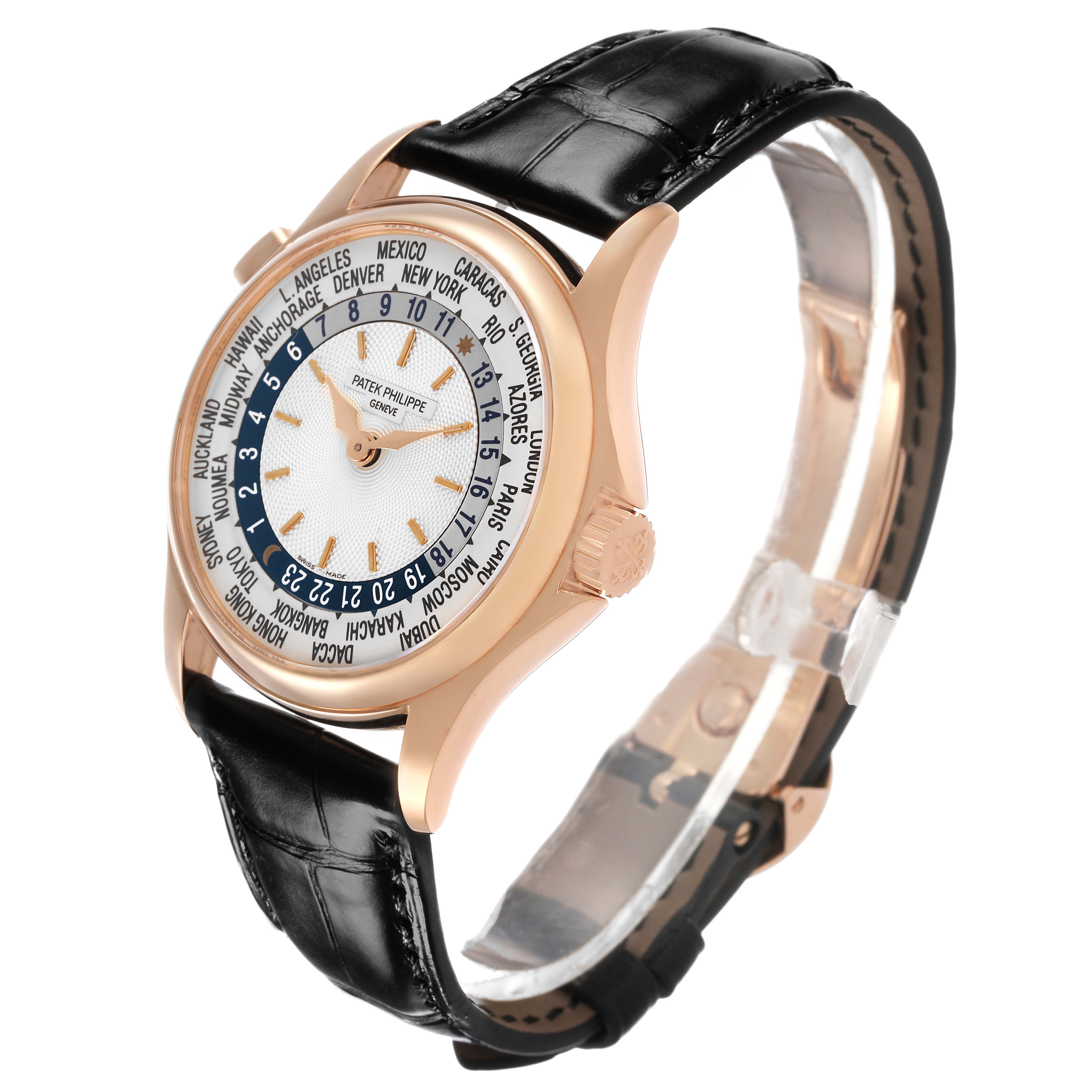 The Patek Philippe Complications 5110R-001 Men's Rose Gold Silver Dial watch is shown at a slight side angle, highlighting the face, side crown, and leather strap.