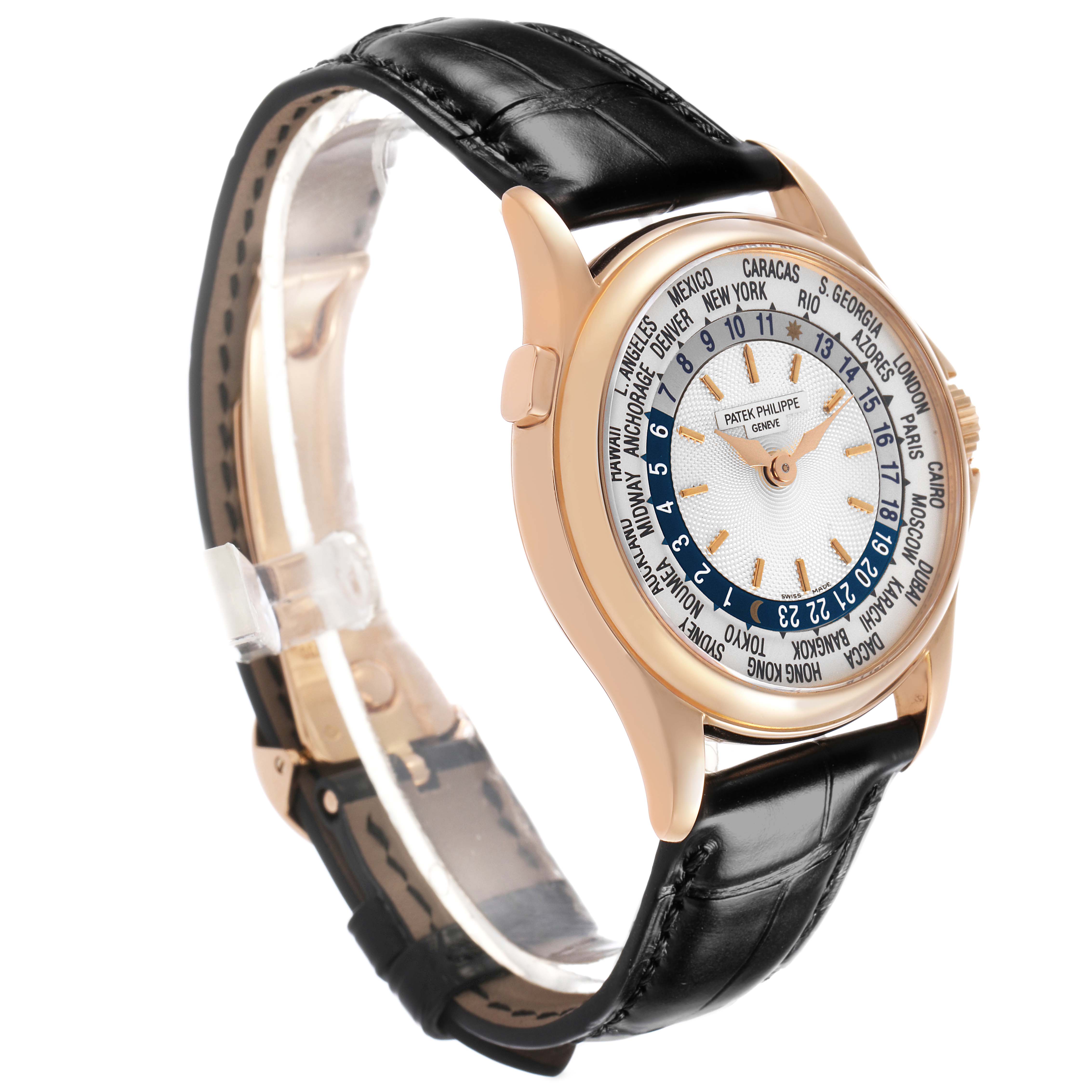 The Patek Philippe Complications 5110R-001 Men's Rose Gold Silver Dial watch is shown at an angle highlighting the dial, bezel, and leather strap.