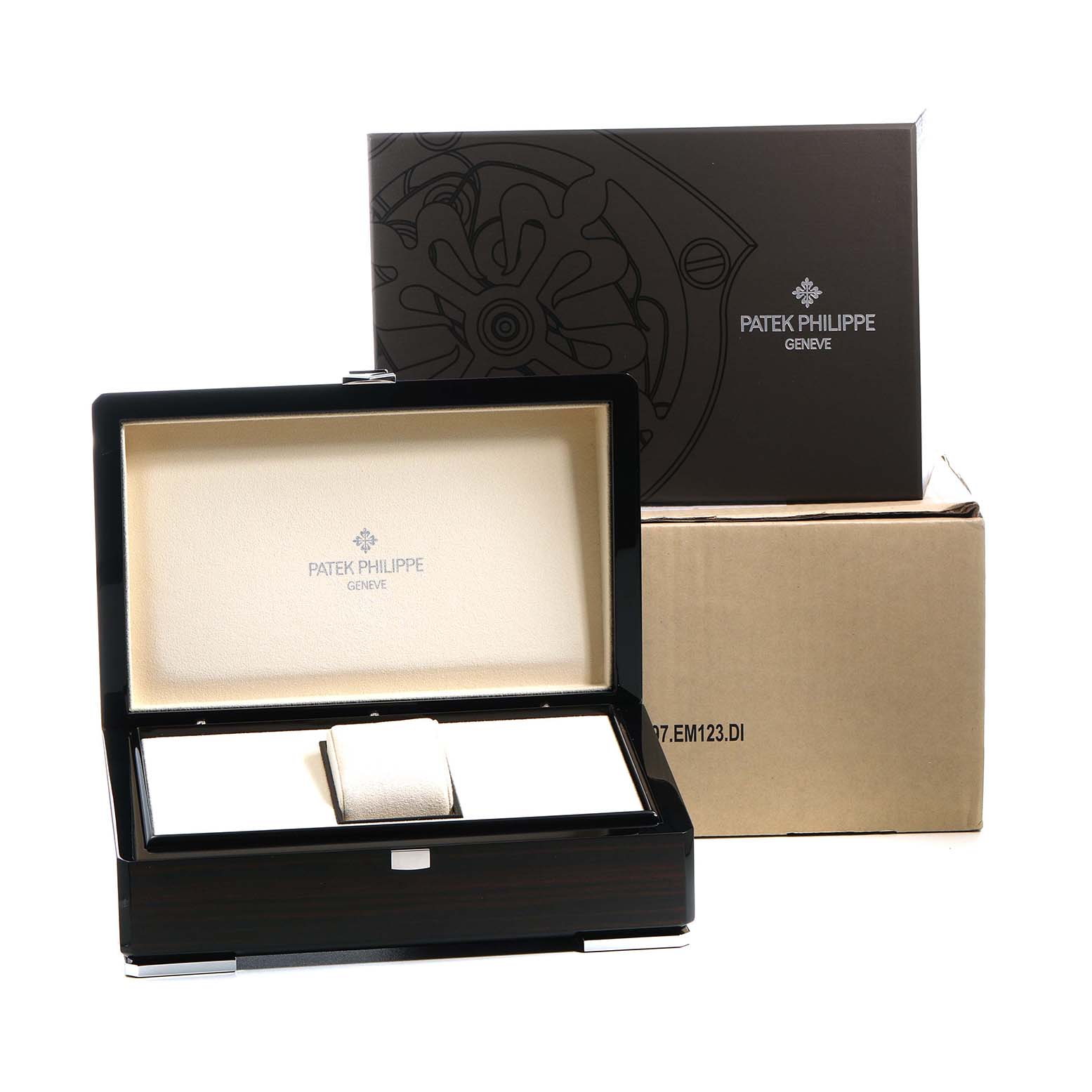 The image shows a Patek Philippe Complications 5110R-001 Men's Rose Gold Silver Dial watch box open, with a cushion inside, viewed from a front angle alongside packaging.