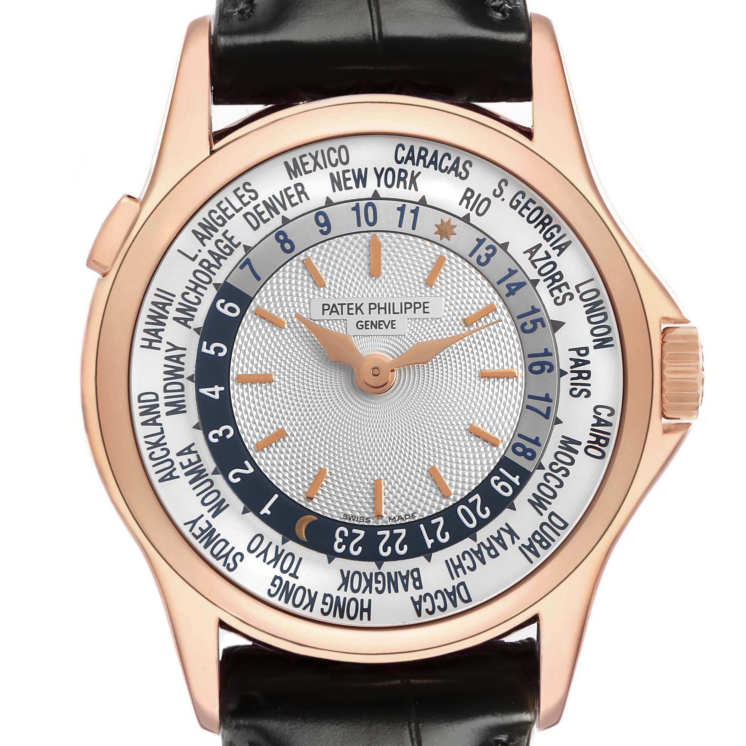 The Patek Philippe Complications 5110R-001 Men's Rose Gold Silver Dial watch is shown from the front, displaying the dial with world time cities, hour markers, and hands.