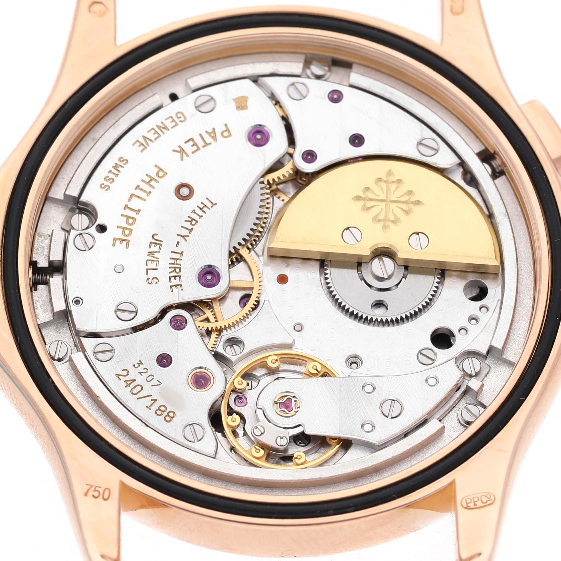 The image shows the back view of a Patek Philippe Complications 5110R-001 Men's Rose Gold Silver Dial model, highlighting the intricate movement and components.