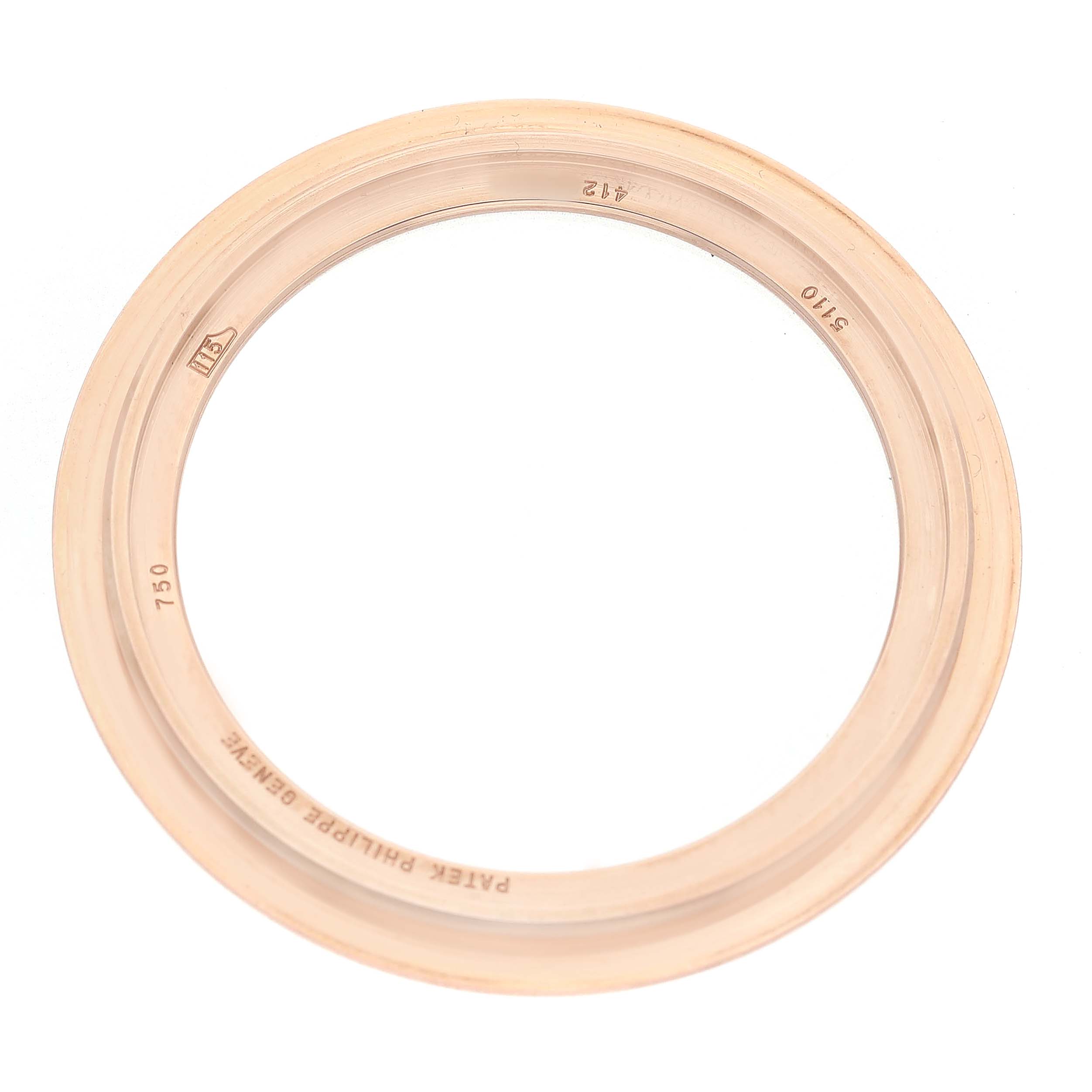 The image shows the case back bezel for a Patek Philippe Complications 5110R-001 Men's Rose Gold Silver Dial watch, viewed from above.