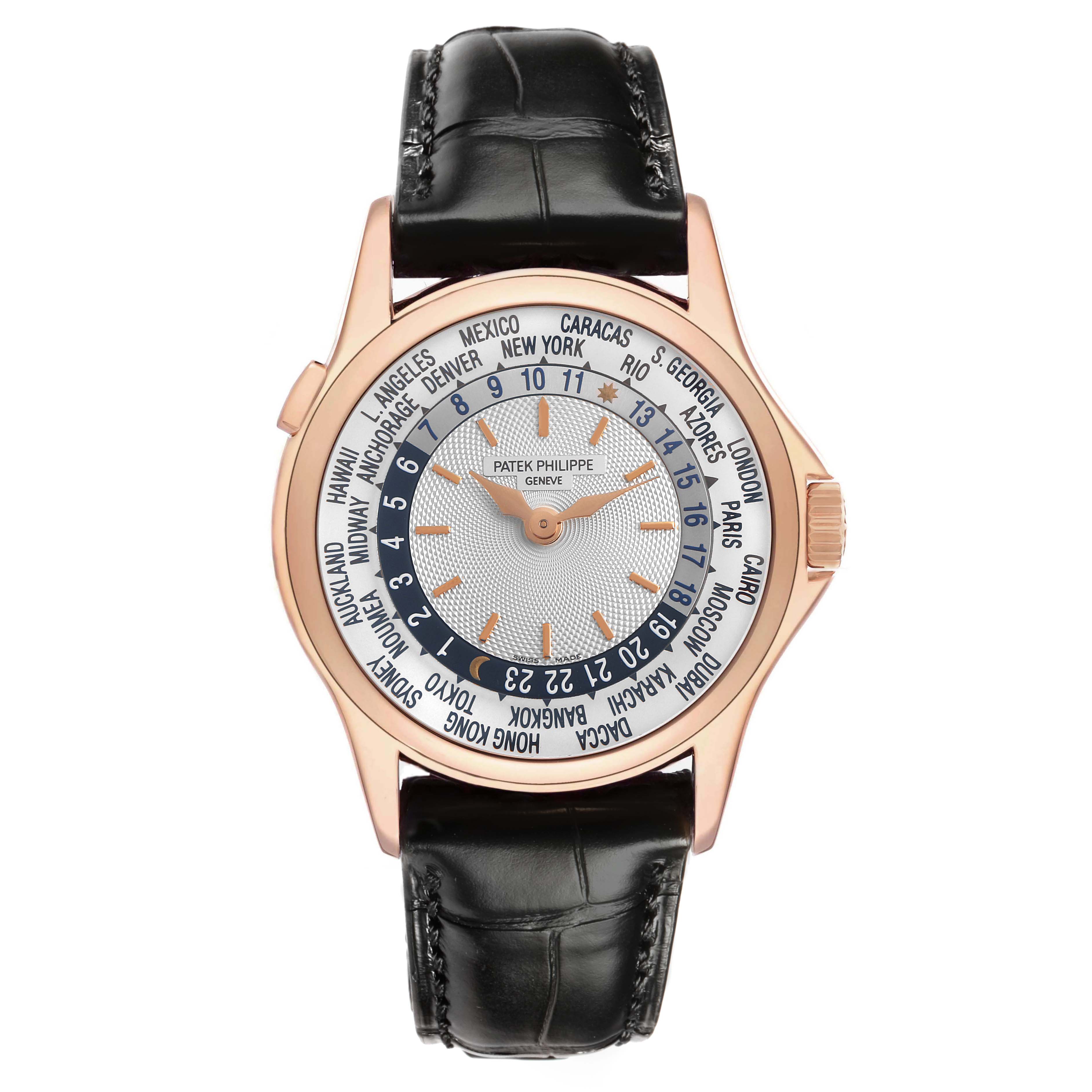 The Patek Philippe Complications 5110R-001 Men's Rose Gold Silver Dial watch is shown from a top view, highlighting its dial, world time cities, and black leather strap.