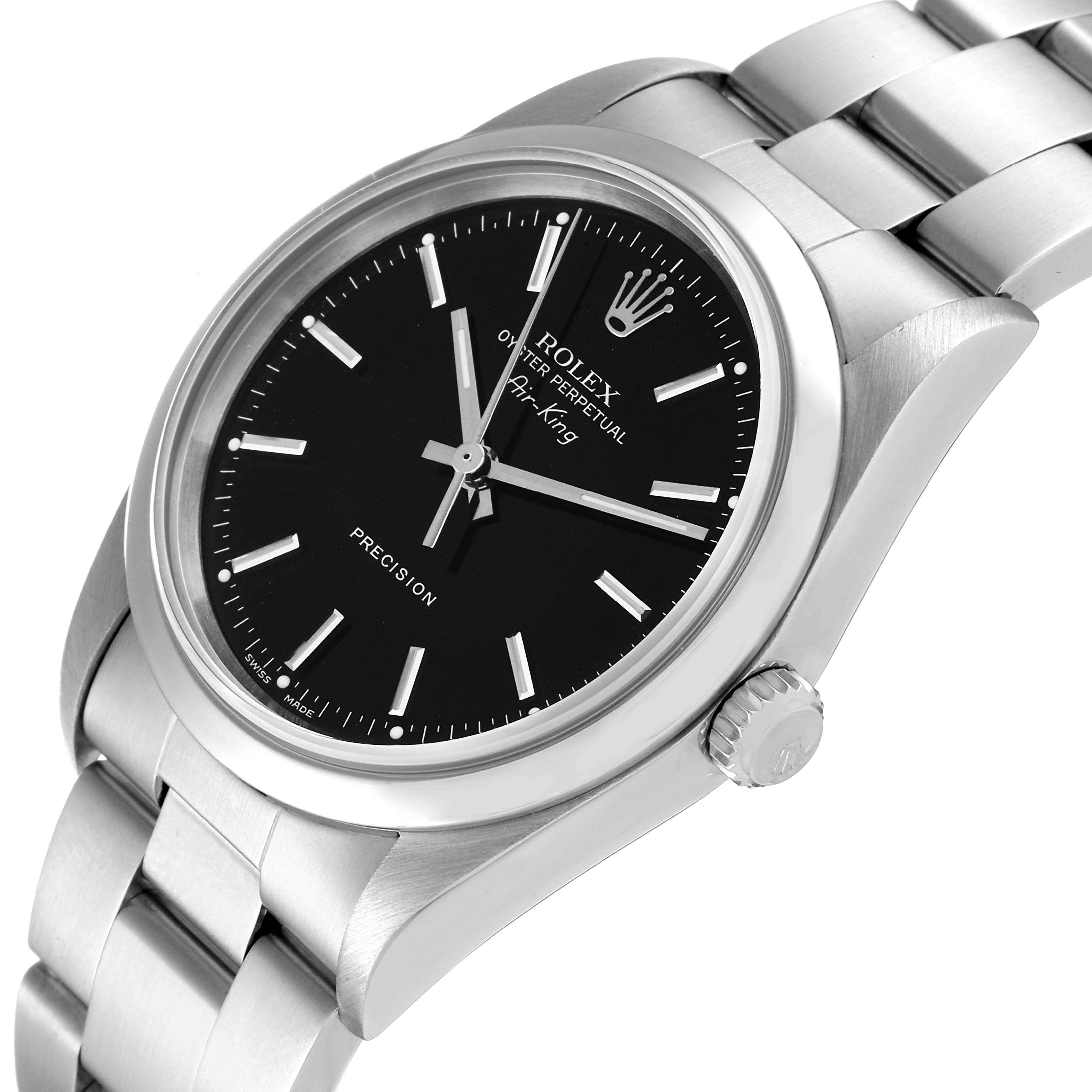 The image shows a Rolex Air-King 14000 Men's Stainless Steel Black Dial 14000 Men's Stainless Steel Black Dial watch at an angle displaying the face, case, and part of the bracelet.