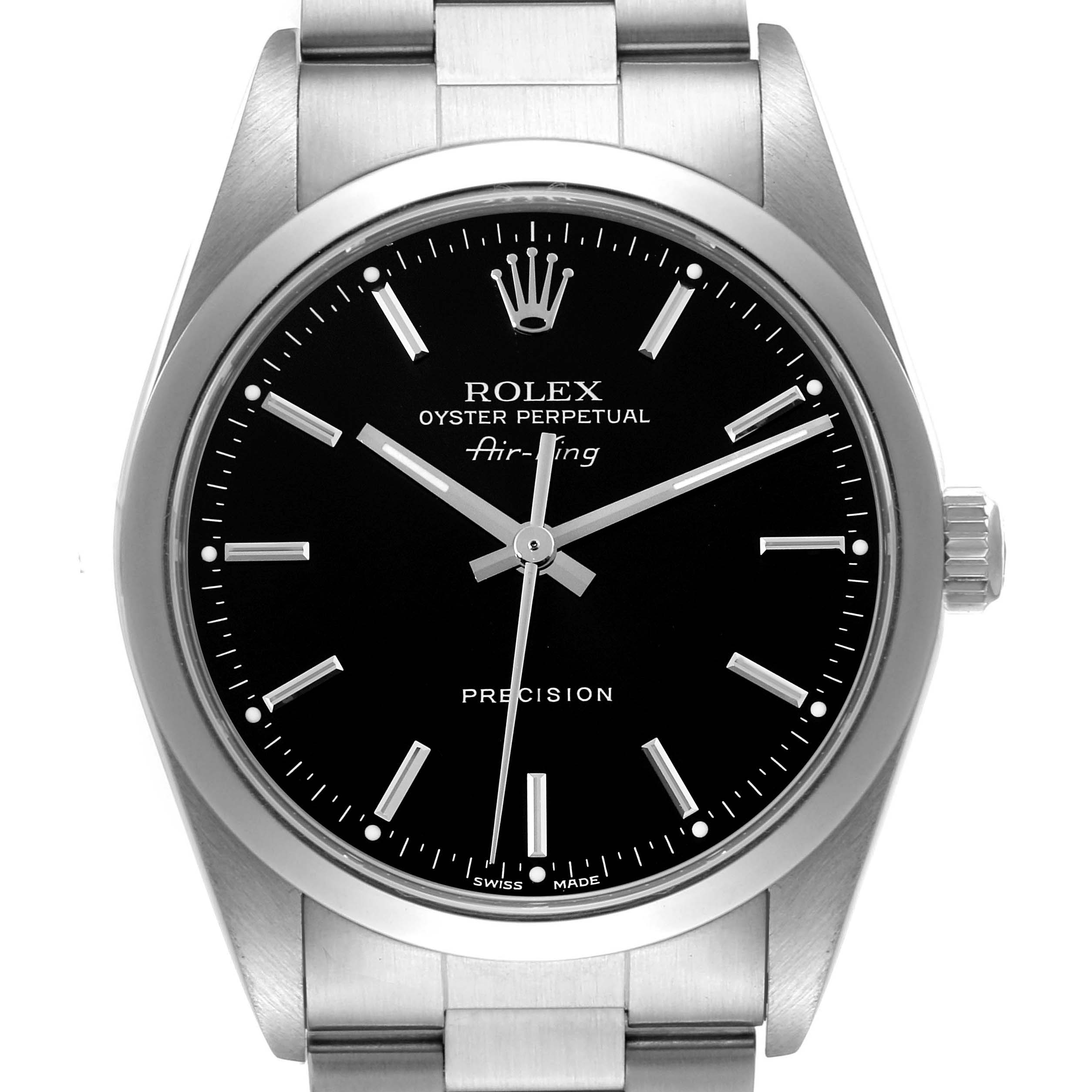 The image shows a front view of the Rolex Air-King 14000 Men's Stainless Steel Black Dial 14000 Men's Stainless Steel Black Dial watch, highlighting its dial, bezel, and part of the bracelet.