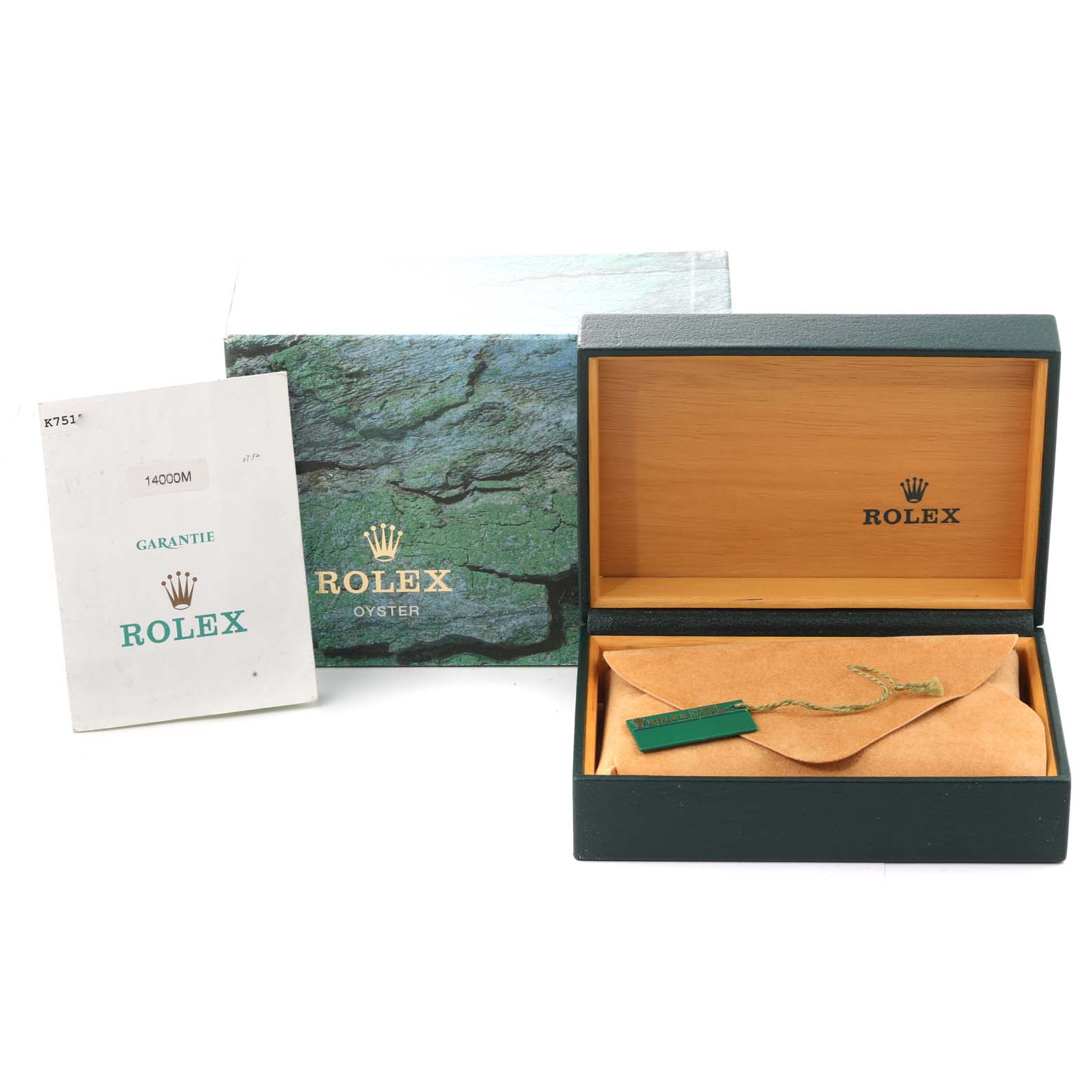 The image shows the packaging and accessories of a Rolex Air-King 14000 Men's Stainless Steel Black Dial 14000 Men's Stainless Steel Black Dial, including the box, warranty card, and watch pouch.