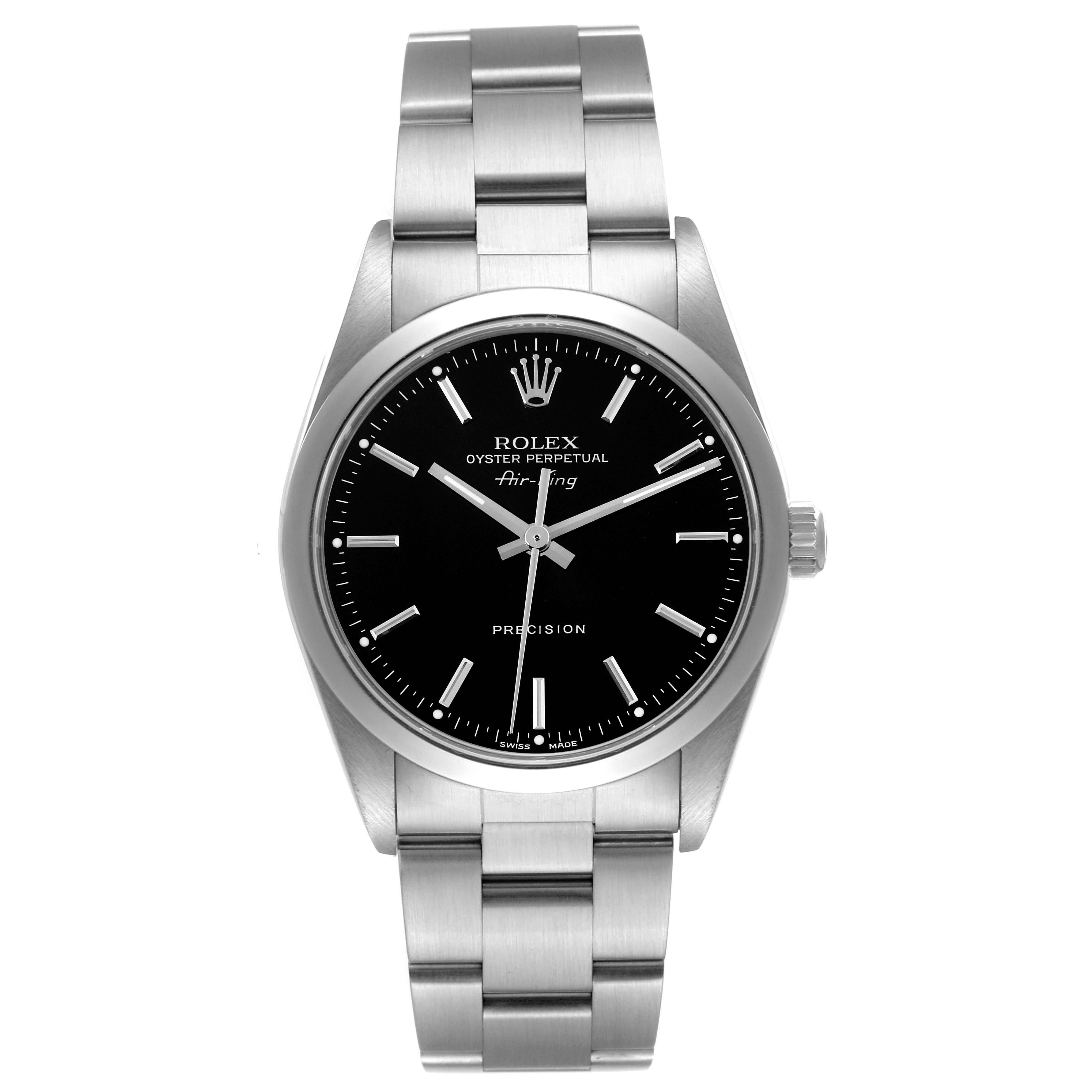 This image shows a front view of the Rolex Air-King 14000 Men's Stainless Steel Black Dial 14000 Men's Stainless Steel Black Dial watch, displaying its black dial, silver hour markers, and metal bracelet.