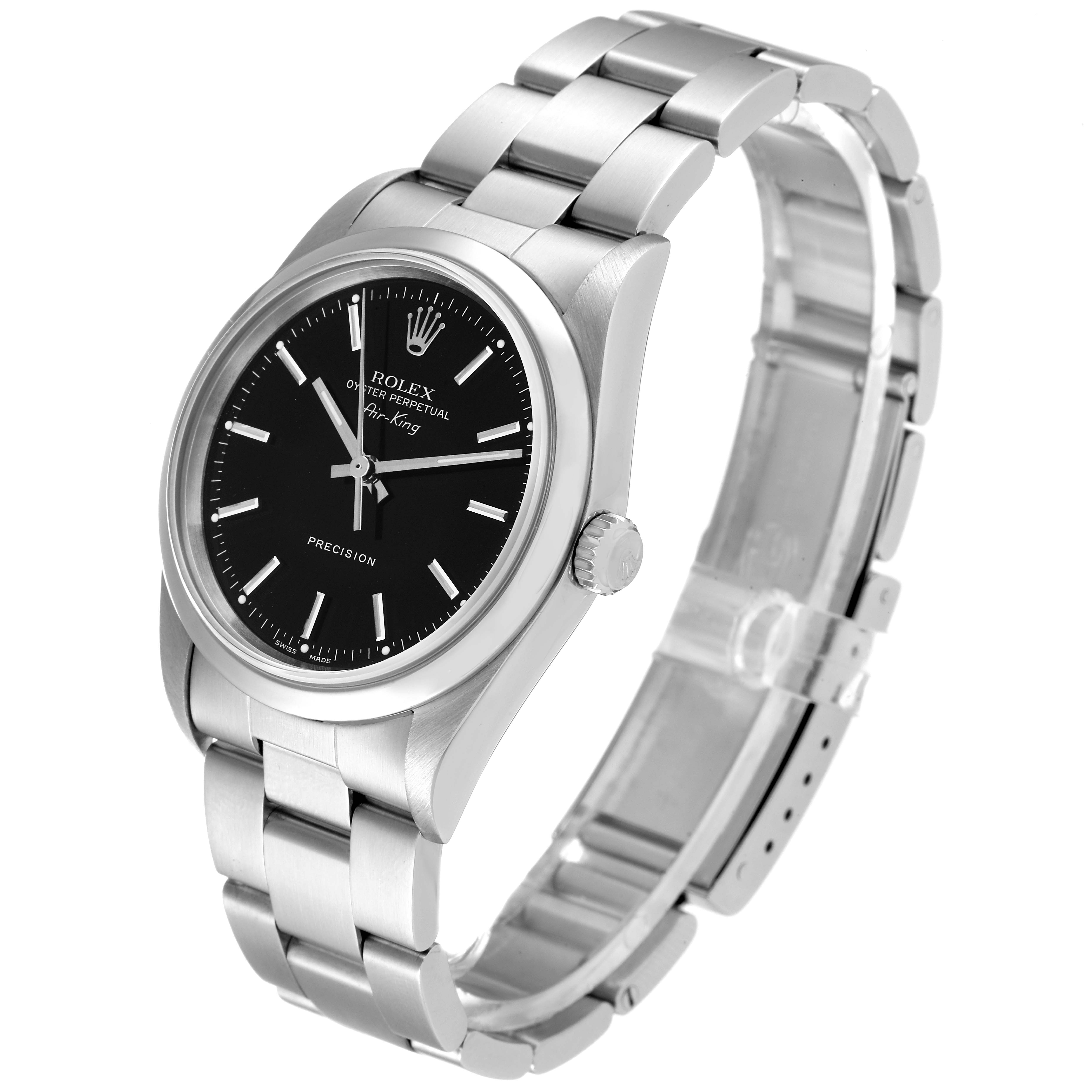 The Rolex Air-King 14000 Men's Stainless Steel Black Dial 14000 Men's Stainless Steel Black Dial watch is shown at a slight angle, displaying its face, crown, and bracelet.