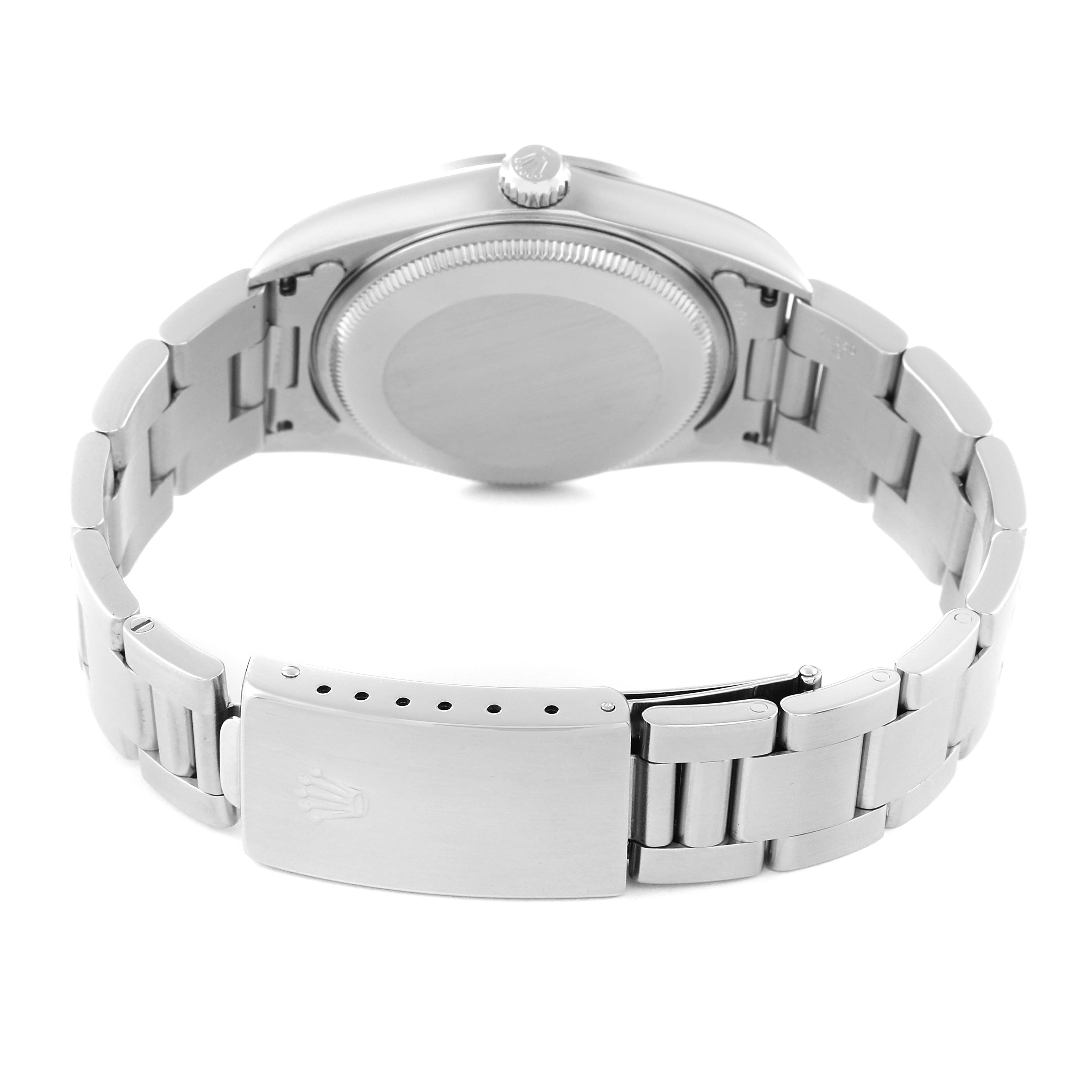 The image shows the back view of the Rolex Air-King 14000 Men's Stainless Steel Black Dial 14000 Men's Stainless Steel Black Dial watch, highlighting its case back, crown, and bracelet with clasp.