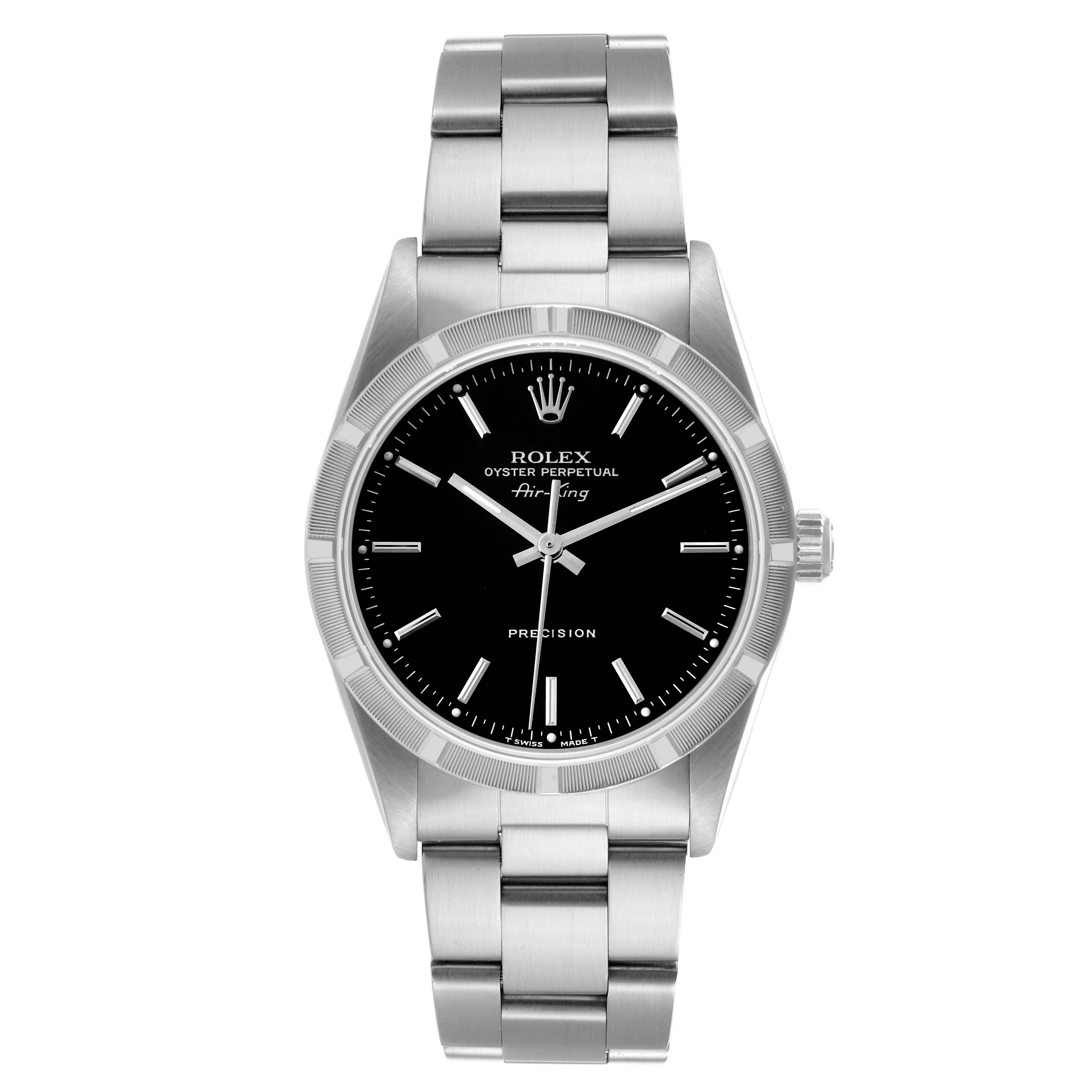 This image shows a Rolex Air-King 14010 Men's Stainless Steel Black Dial 14010 Men's Stainless Steel Black Dial watch from a front view, displaying its face, bezel, and bracelet.